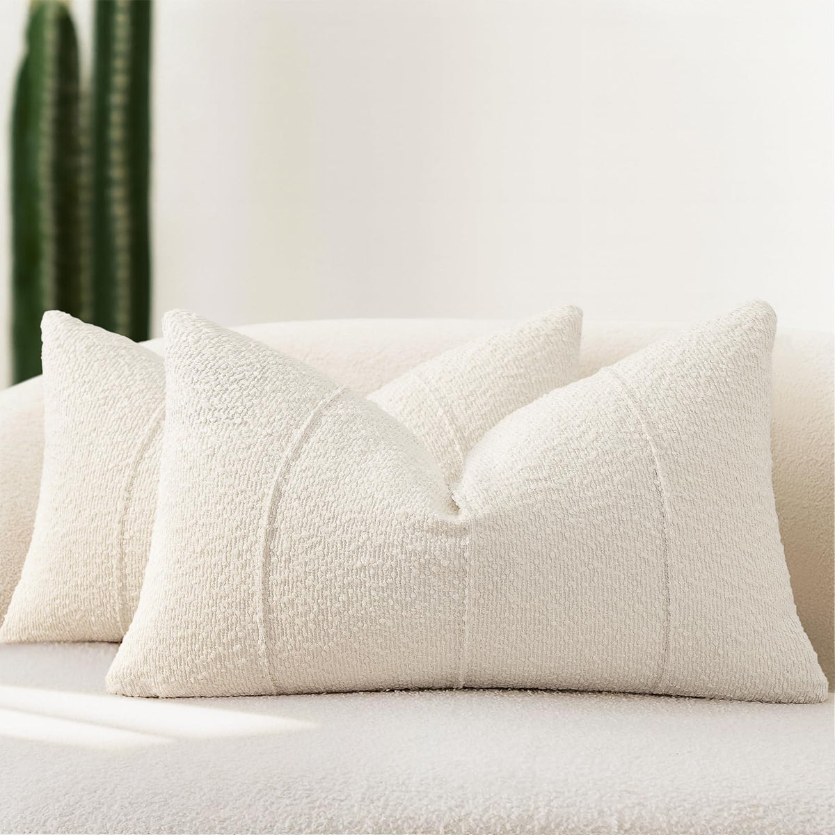 YCOLL Textured Boucle Throw Pillow Covers 20x20 Pack of 2 - Soft Neutral Striped Cushion Covers, Cozy Accent Decorative Pillow Covers for Couch, Sofa, Bed, Living Room (Beige)