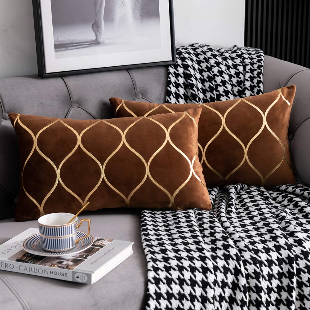 DEZENE Gold Velvet Throw Pillow Covers: 2 Pack 18x18 Inch Square Decorative Pillow Cases for Bedroom Sofa Couch Living Room, Light Grey