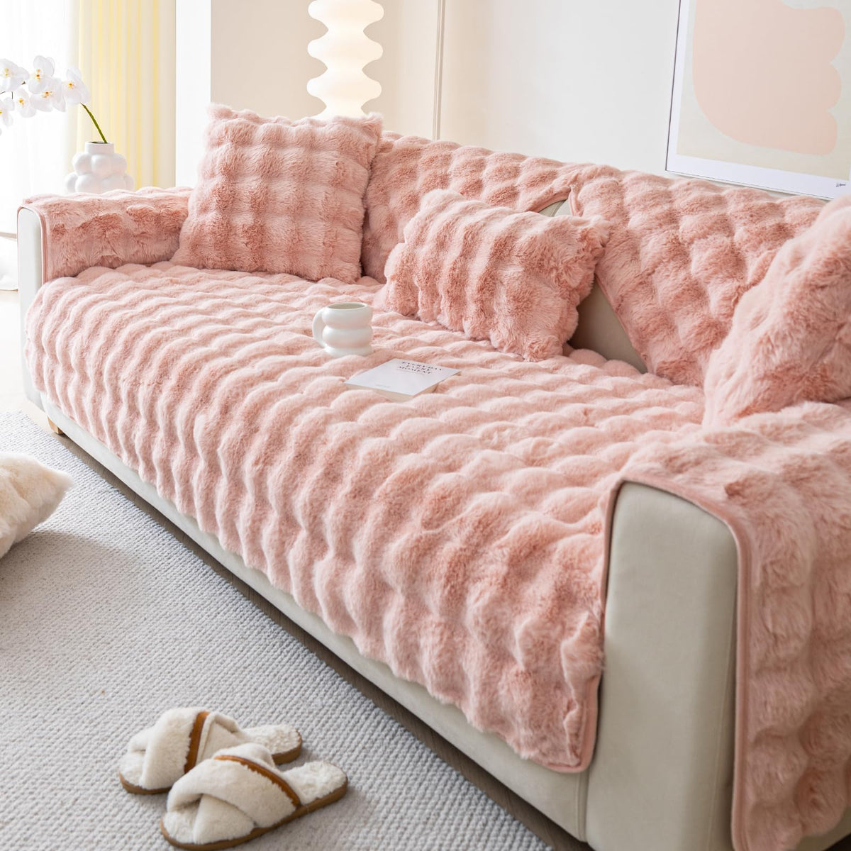 Faux Fur Sofa Cover, Rabbit Plush Couch Cover, Non-Slip Couch Covers Washable, Cosy Plush Sofa Slipcover, Furniture Protector for L Shaped(1pc/ White /36"x70")