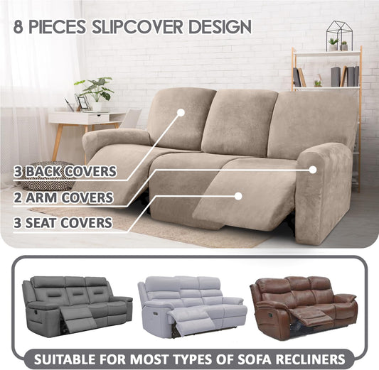 ULTICOR Velvet 8-Pieces Recliner Sofa Covers Stretch Reclining Couch Covers for 3 Cushion Reclining Sofa Slipcovers Furniture Covers Thick Soft Washable (3 Seater Recliner Cover, Taupe)