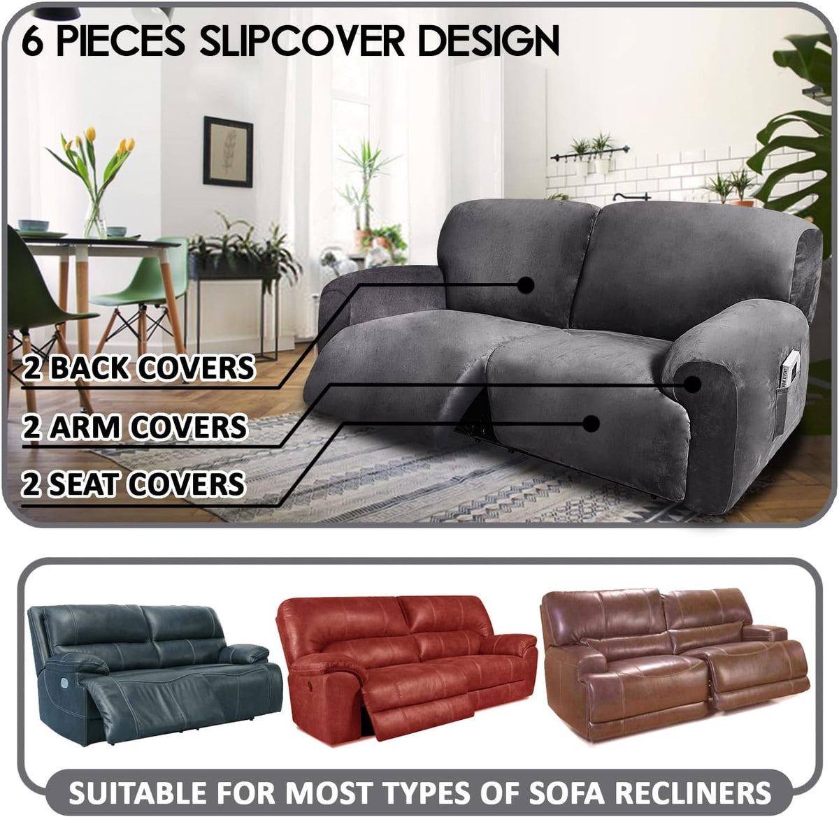 ULTICOR Extra Wide 75-100" 2 Seater Reclining Sofa Slipcover, Velvet Stretch 6-Piece, Soft Washable (Dark Grey)