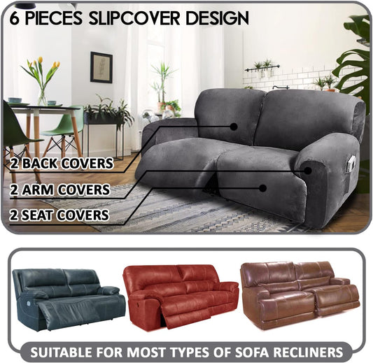 ULTICOR Extra Wide 75-100" 2 Seater Reclining Sofa Slipcover, Velvet Stretch 6-Piece, Soft Washable (Dark Grey)