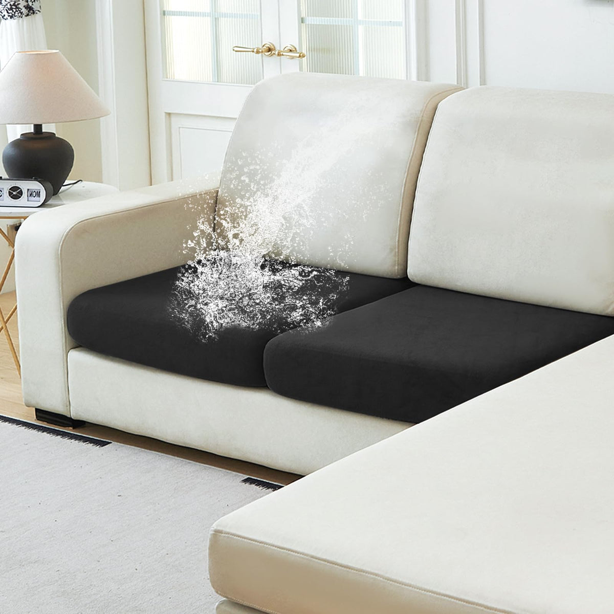 NAISI Waterproof Couch Cushion Covers Thick Velvet Fabric Washable Sofa Slipcovers Sectional Couch Covers for 4 Pieces Separate L Shape Couch Cover with Elastic Bottom(3 Seater + 1 Chaise,Grey)
