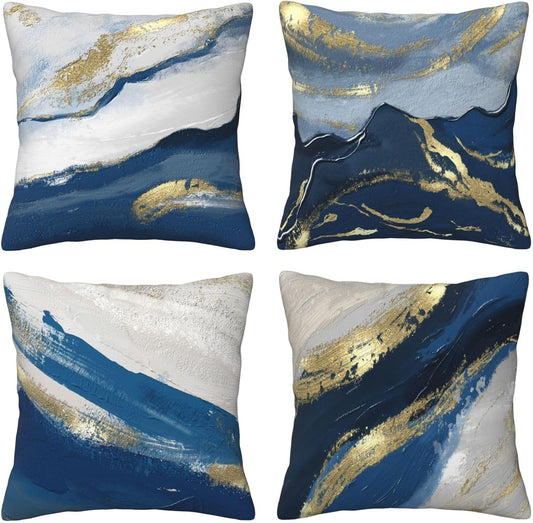 Set Of 4 Blue Abstract Painting Decorative Throw Pillow Covers 18x18 Inch