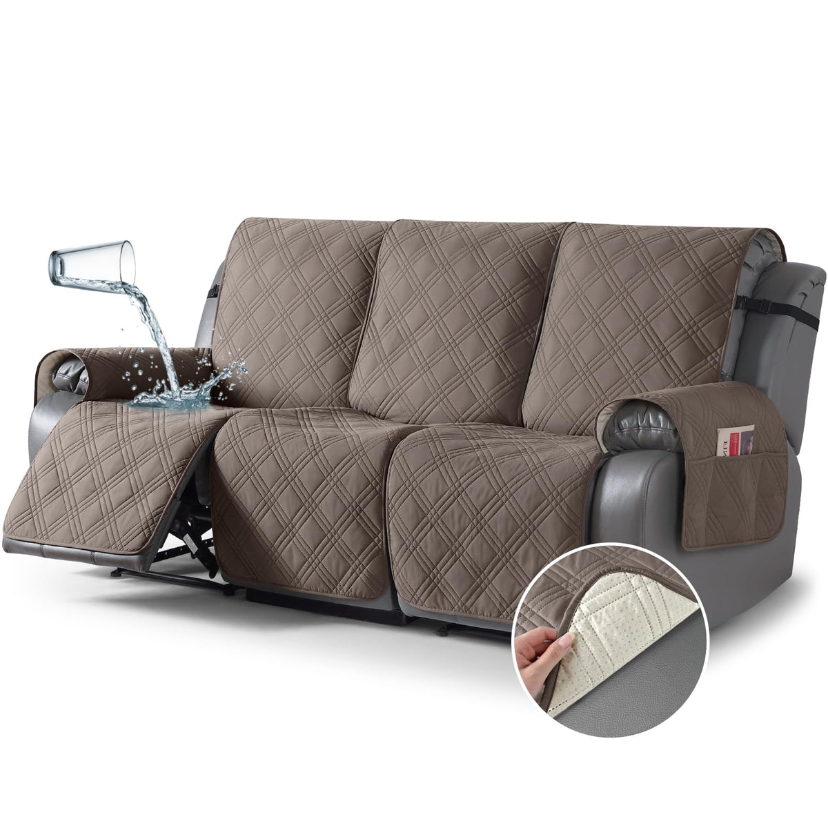 TAOCOCO 100% Waterproof Recliner Sofa Cover Non Slip Couch Cover for 3 Seat Reclining Sofa, Split Reclining Couch Covers 3-Piece with Straps, Washable Sofa Slipcover for Kids Pets(3 Seater, Chocolate)