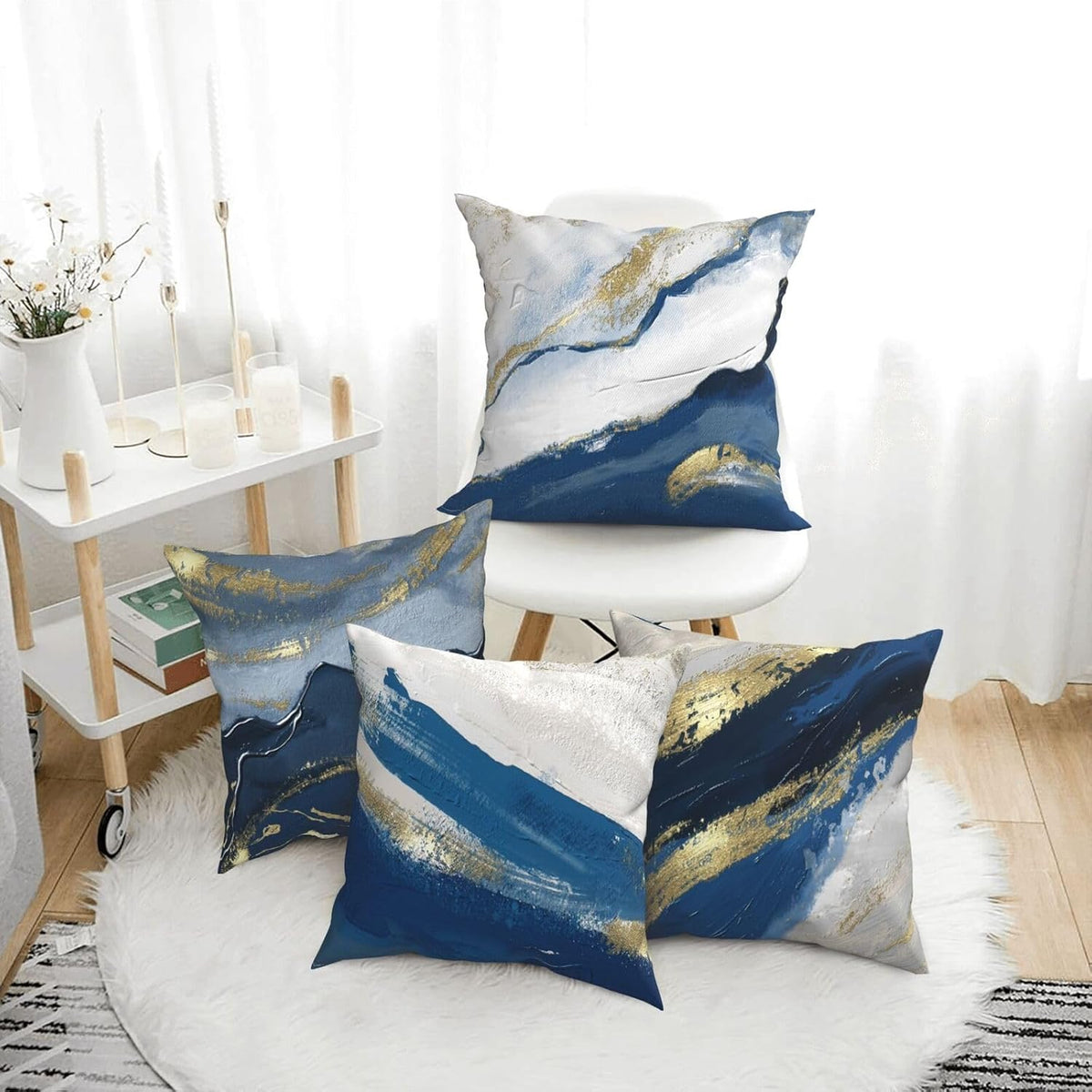 Set Of 4 Blue Abstract Painting Decorative Throw Pillow Covers 18x18 Inch