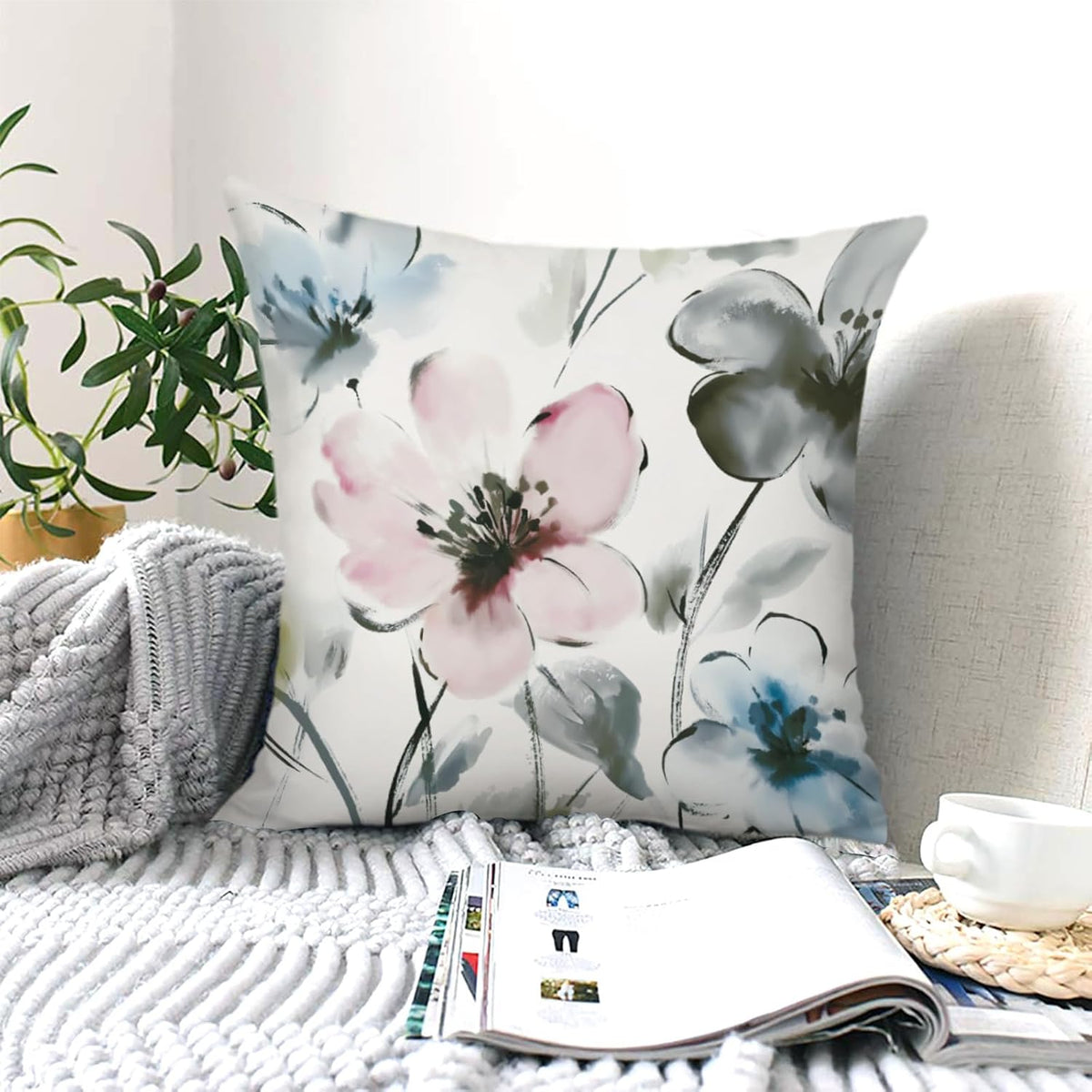 18x18 Set of 4 Watercolor Flower Throw Pillow Cushion Covers