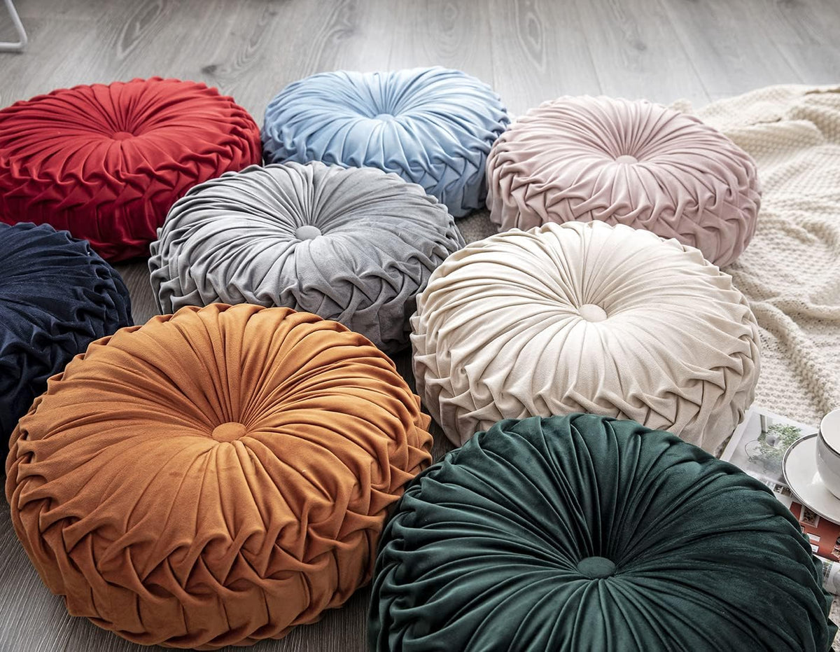 vctops Solid Velvet Seat Cushions Round Floor Pillows Thicken Chair Cushions Pleated Chair Pads Seat Pad Throw Pillows for Bedroom Living Room (Beige,Diameter 15")