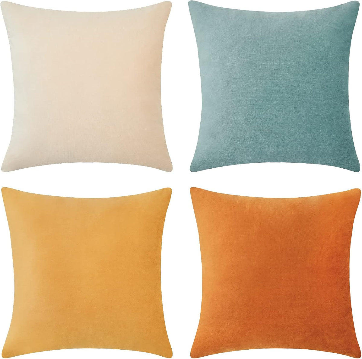 MONDAY MOOSE Decorative Throw Pillow Covers Cushion Cases, Set of 4 Soft Velvet Modern Designs, Mix and Match for Home Decor, Pillow Inserts Not Included (18x18 inch, Orange/Teal)