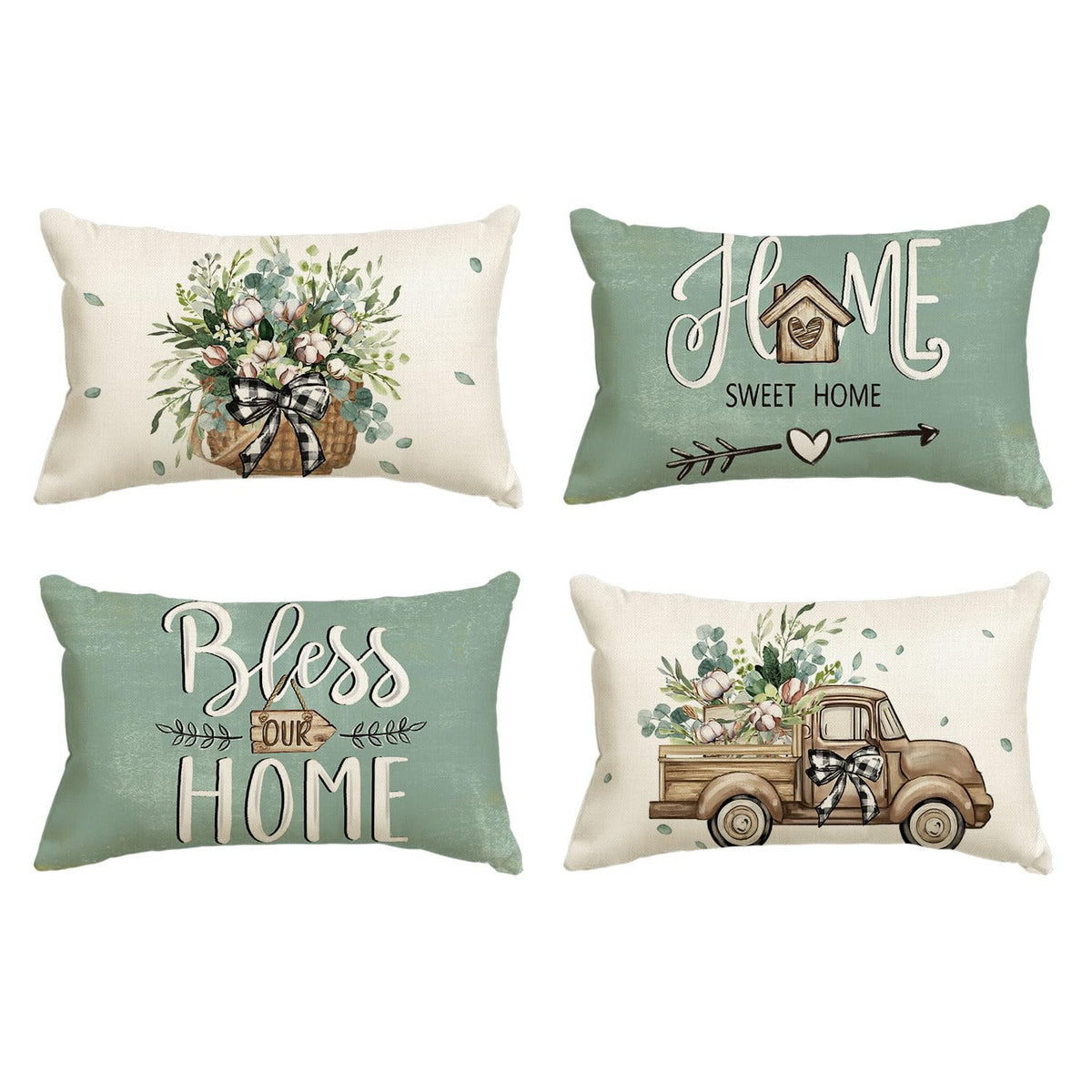 AVOIN colorlife Bless Our Home Eucalyptus Leaves Throw Pillow Covers, 18 x 18 Inch Spring Truck Cushion Case for Home Sofa Couch Set of 4