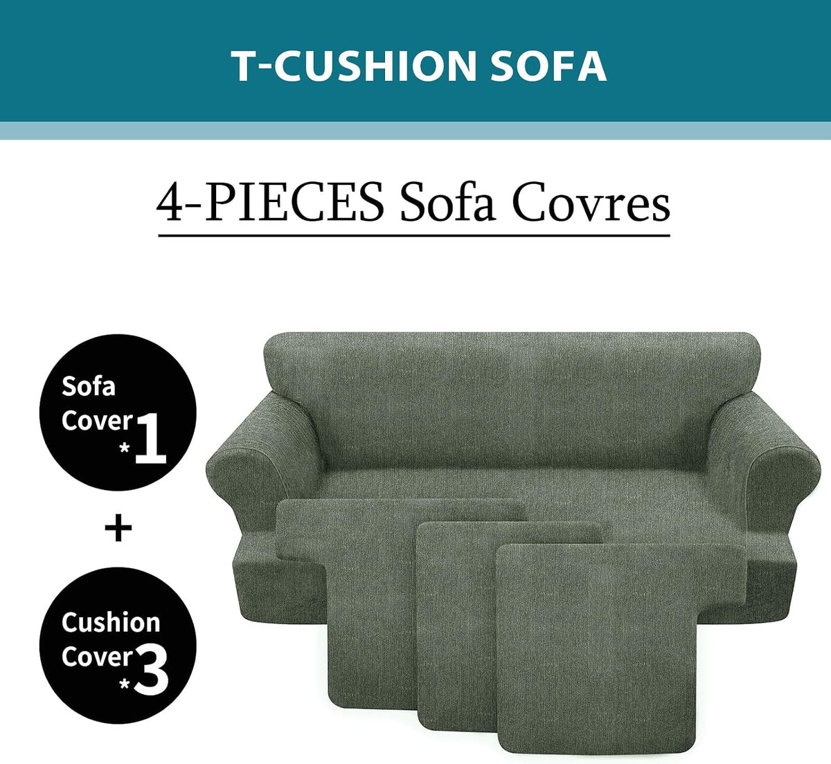 4 Piece T Cushion Sofa Slipcovers Stretch Couch Cover Furniture Covers with 3 Individual T Cushion Covers, Machine Washable for Living Room (Green, 3 Cushions)