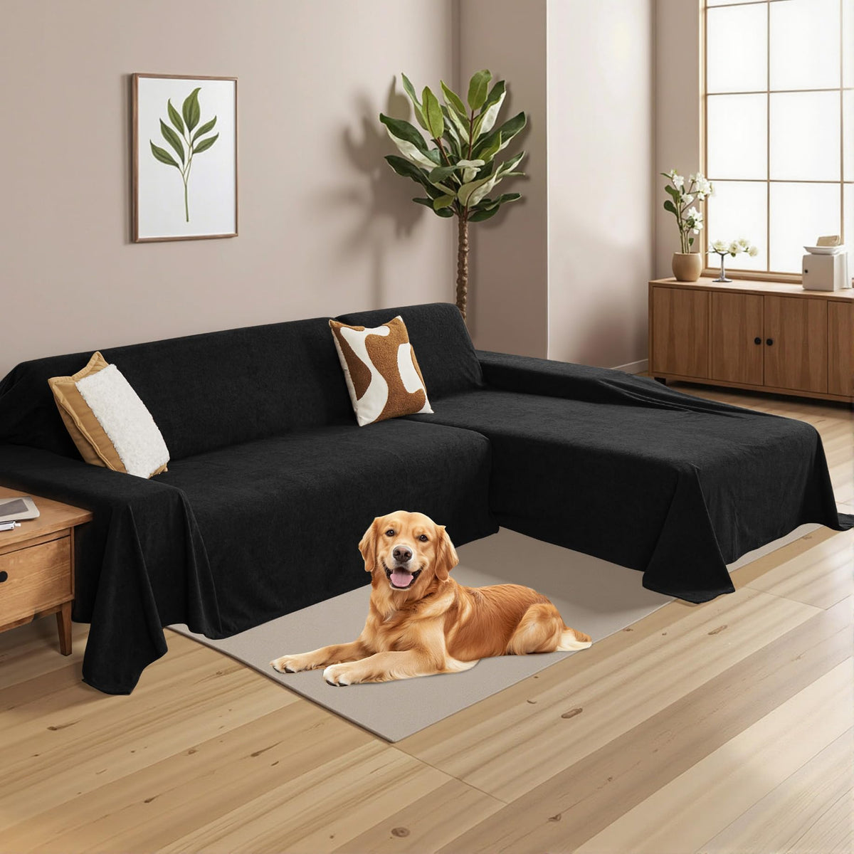 MYSKY HOME Sectional Couch Cover for Dogs, 2 Pieces Couch Covers for L Shape Sofa, Sofa Cover Washable, Furniture Protector Chaise Lounge Cover for 2-3 Cushion Couch (71"x118"+71"x118", Black)