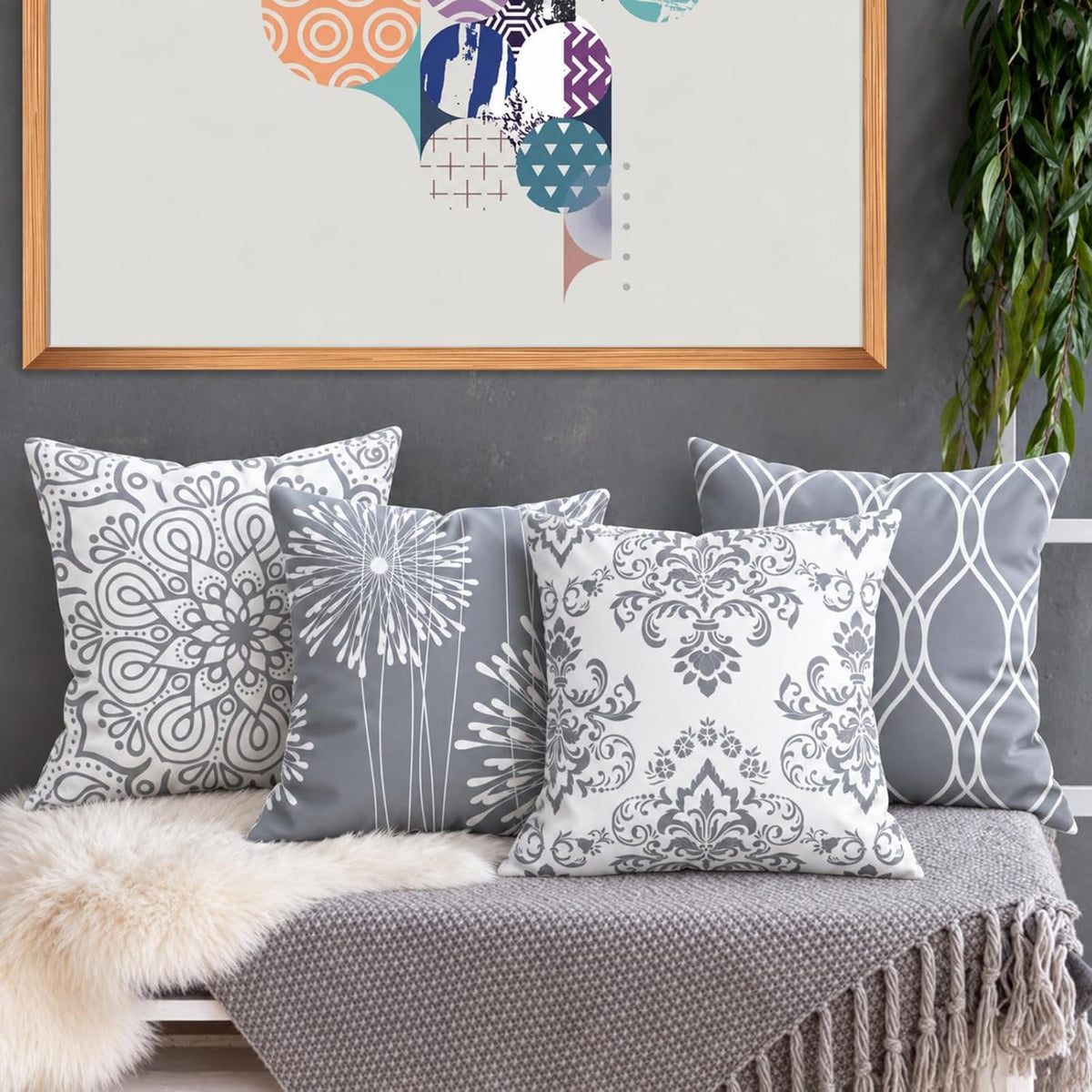Coliuso Decorative Throw Pillow Covers 18x18 Set of 4, Grey and White Modern Simple Square Pillow Case Cushion Cover for Sofa Couch Farmhouse Outdoor Living Room (Gray and White, 18" x18")