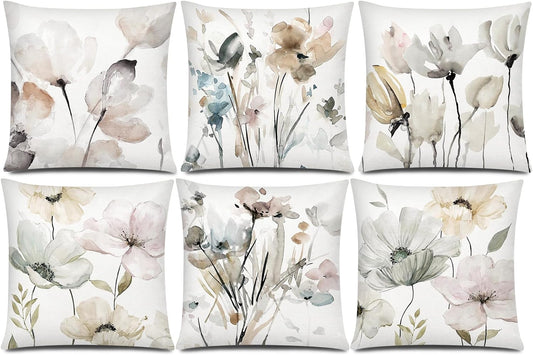 Watercolor Floral Throw Pillow Covers 18x18 Set of 6, Nature Home Decor