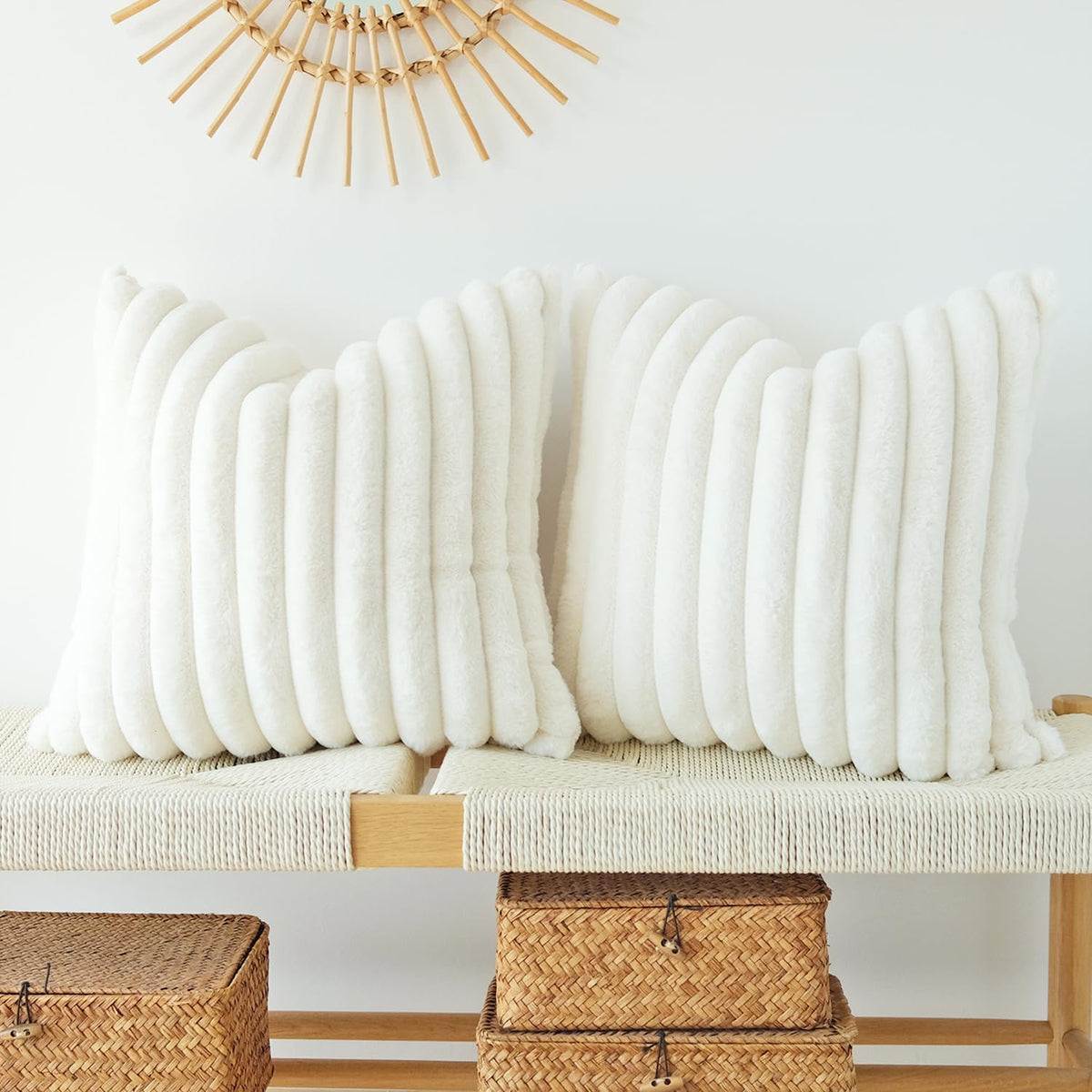 JOJUSIS Faux Fur Plush Throw Pillow Covers, Beige, 18 x 18-Inch