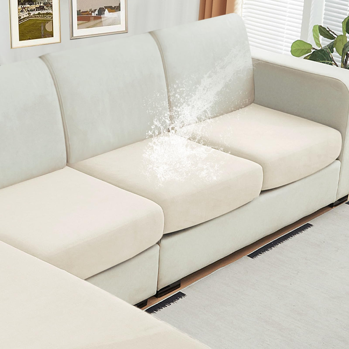 NAISI Waterproof Couch Cushion Covers Thick Velvet Fabric Washable Sofa Slipcovers Sectional Couch Covers for 4 Pieces Separate L Shape Couch Cover with Elastic Bottom(3 Seater + 1 Chaise,Grey)