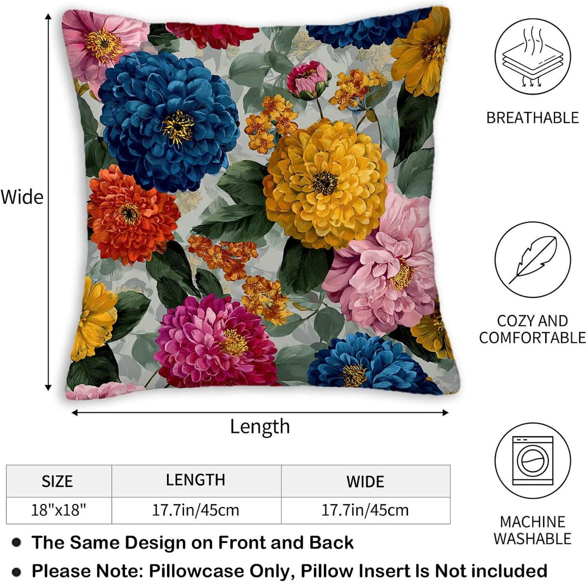 Floral Throw Pillow Covers 18x18 Set of 2, Cushion Covers, Decorative Square Pillowcases for Couch, Bedroom, Living Room（B）