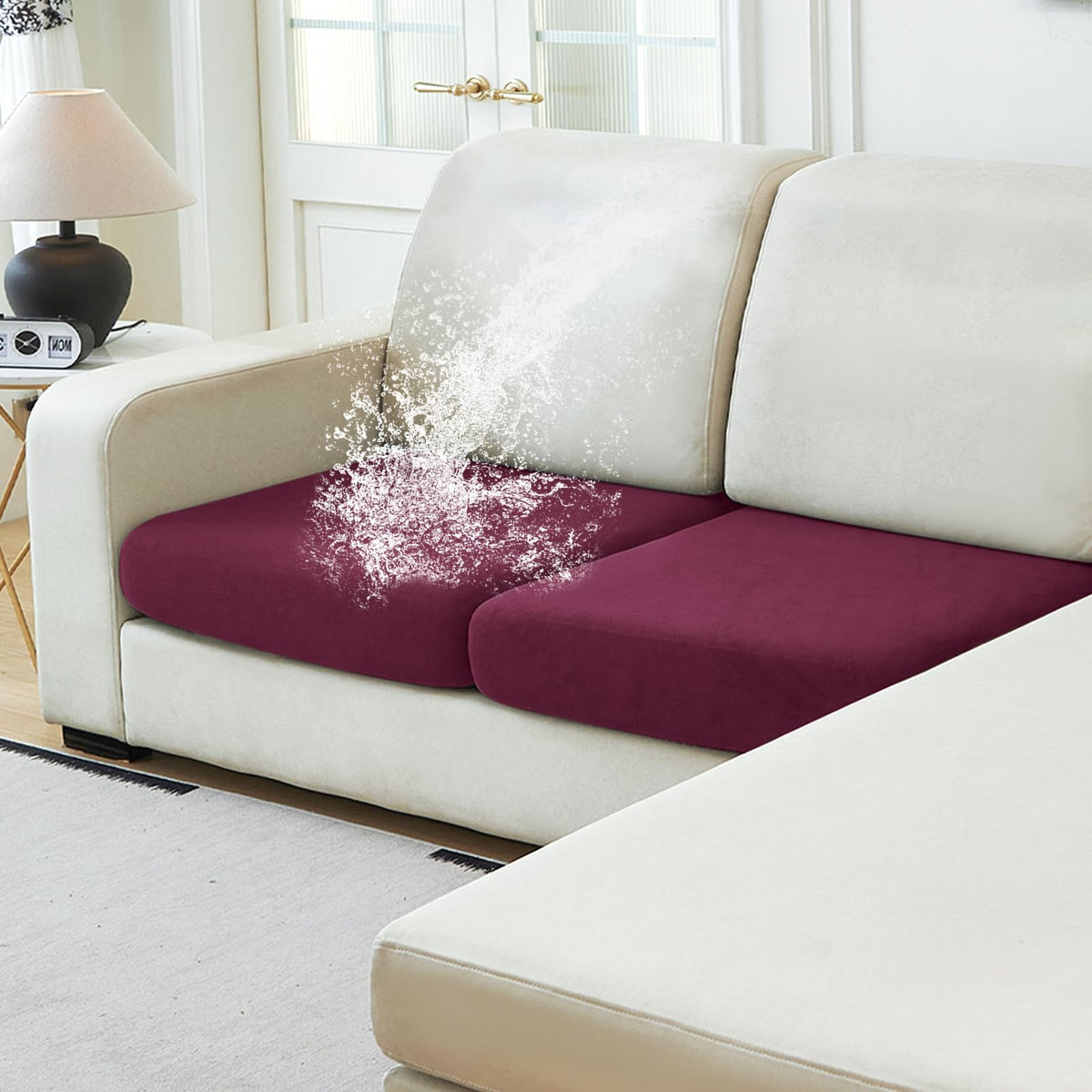 NAISI Waterproof Couch Cushion Covers Thick Velvet Fabric Washable Sofa Slipcovers Sectional Couch Covers for 4 Pieces Separate L Shape Couch Cover with Elastic Bottom(3 Seater + 1 Chaise,Grey)