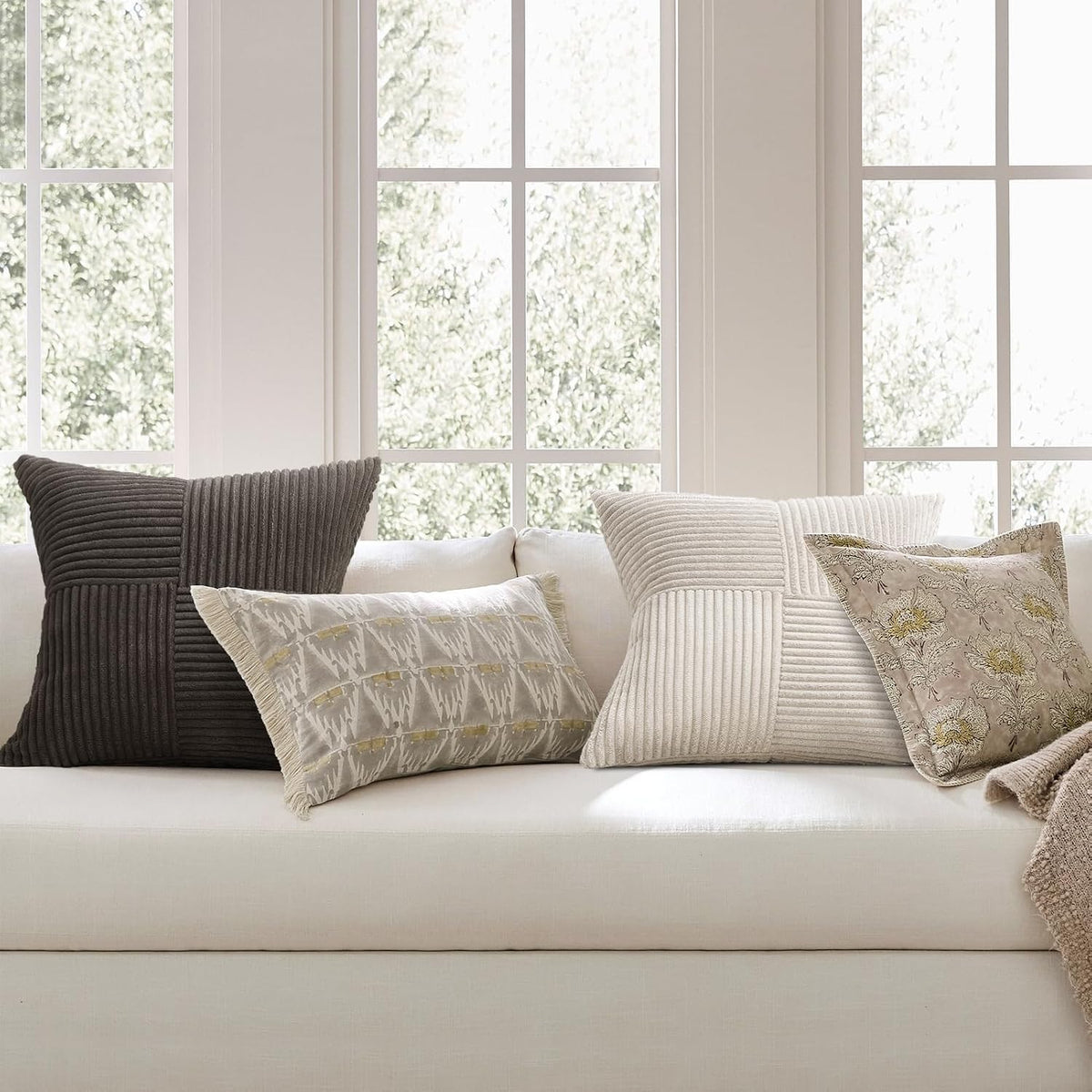 Topfinel Decorative Neutral Gray Throw Pillow Covers for Couch,Boho Cozy Soft Cushion Covers Set of 4 with Corduroy,Accent Pillowcases for Sofa,Bed,Living Room Home Decor 18×18 Inch (Cream,Grey)
