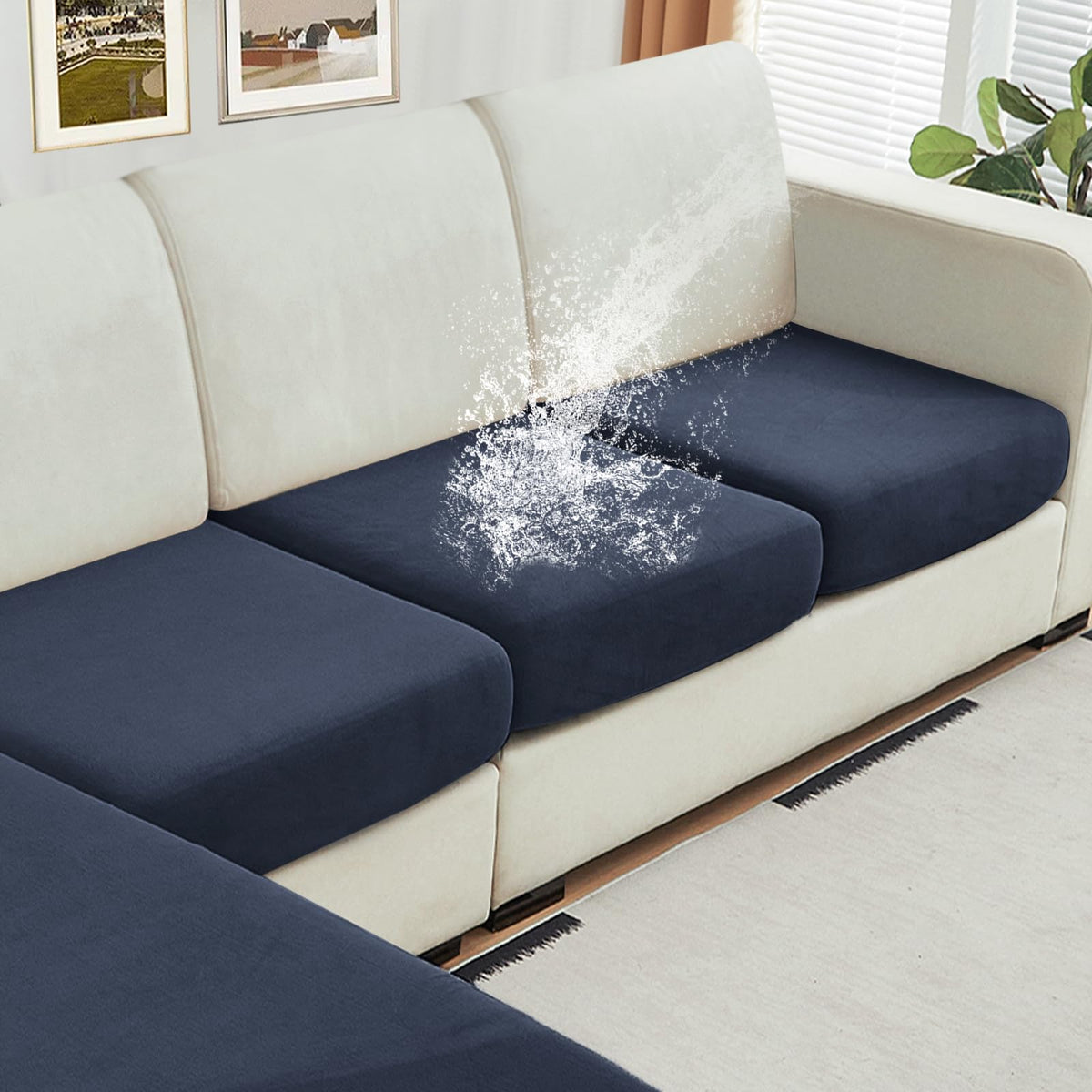 NAISI Waterproof Couch Cushion Covers Thick Velvet Fabric Washable Sofa Slipcovers Sectional Couch Covers for 4 Pieces Separate L Shape Couch Cover with Elastic Bottom(3 Seater + 1 Chaise,Grey)