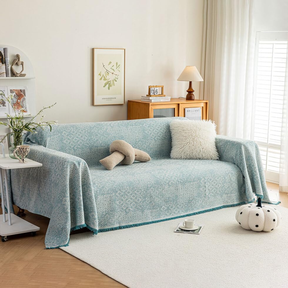 ROOMLIFE Thicked Striped Couch Cover with Tassel Blue Chenille Sofa Cover Blanket for Sectional Sofa, Soft Sofa Slipcovers for L Shaped Love Seat 2-3 Cushion Couch Anti Slip Sofa Protector, 71"x118"