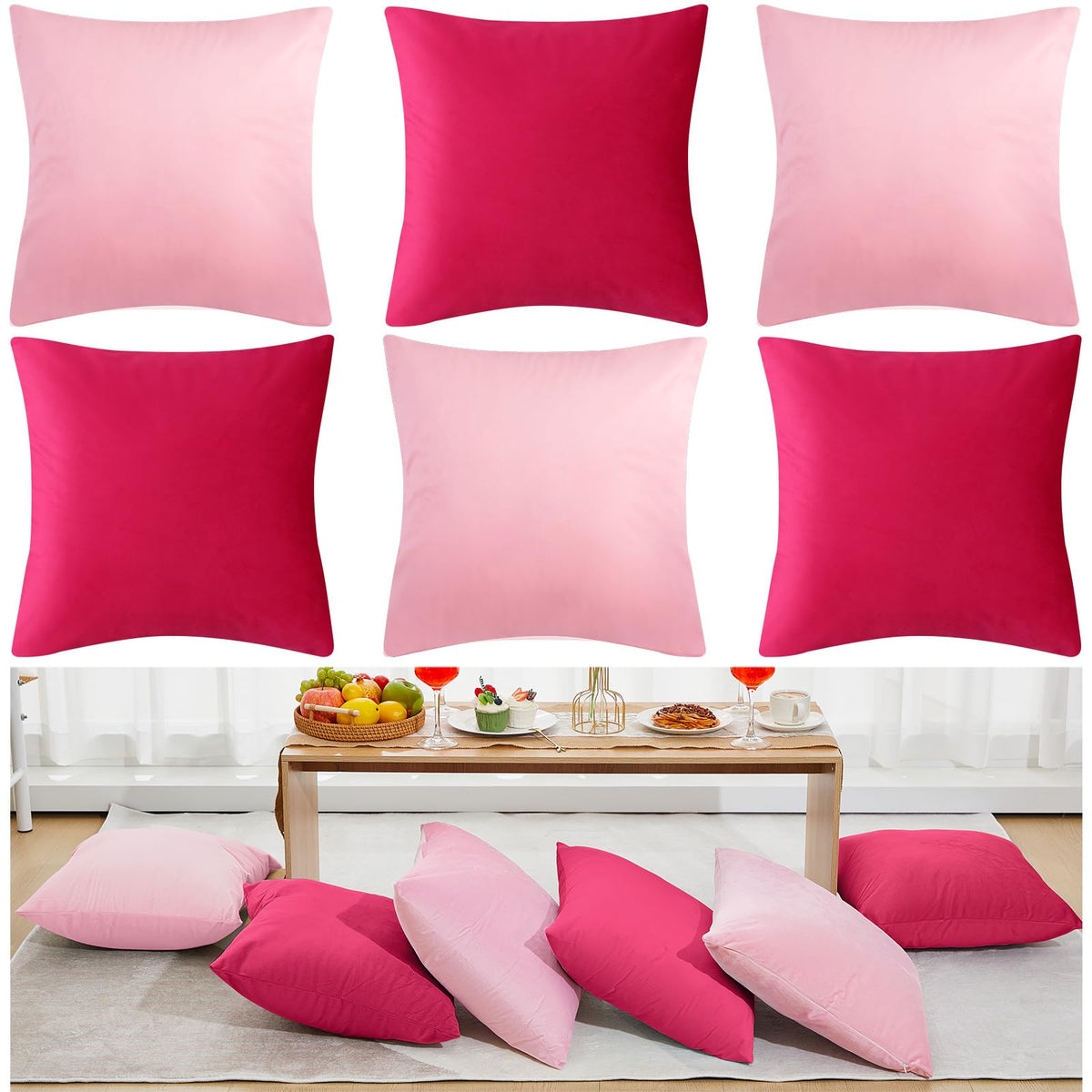 Berlune 12 Pcs Hot Pink Velvet Throw Pillow Cover 18x18 Picnic Cushion Case