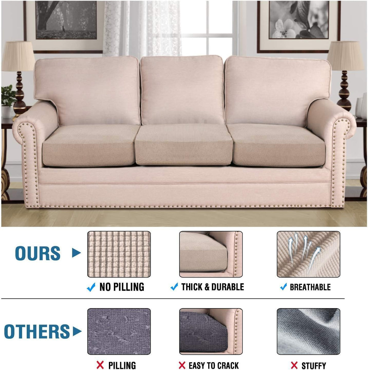 H.VERSAILTEX Super Stretch Individual Seat Cushion/Couch Slipcover Sets Thick Jacquard Textured Twill Fabric (3 Piece Sofa Covers, Sand)