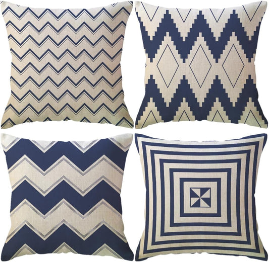ULOVE LOVE YOURSELF Square Decorative Throw Pillows Cushion Covers Blue Beige Stripes Modern Geometry Print Home Pillowcases 18 X 18 Inch,4 Pack for Sofa Couch