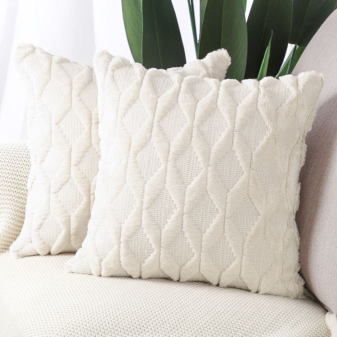 MADIZZ Set of 2 Soft Polyester Short Wool Velvet Decorative Throw Pillow Covers 18x18 inch Beige Square Luxury Style Cushion Cases Pillow Shell for Sofa Bedroom