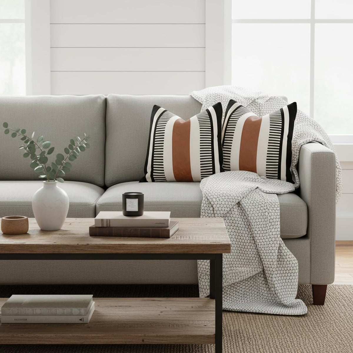 Decorative Striped Throw Pillow Cover 18x18 Black White & Brown