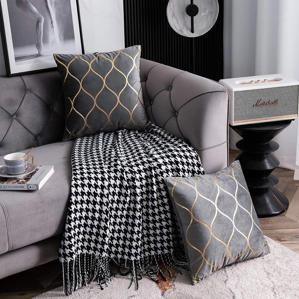 DEZENE Gold Velvet Throw Pillow Covers: 2 Pack 18x18 Inch Square Decorative Pillow Cases for Bedroom Sofa Couch Living Room, Light Grey