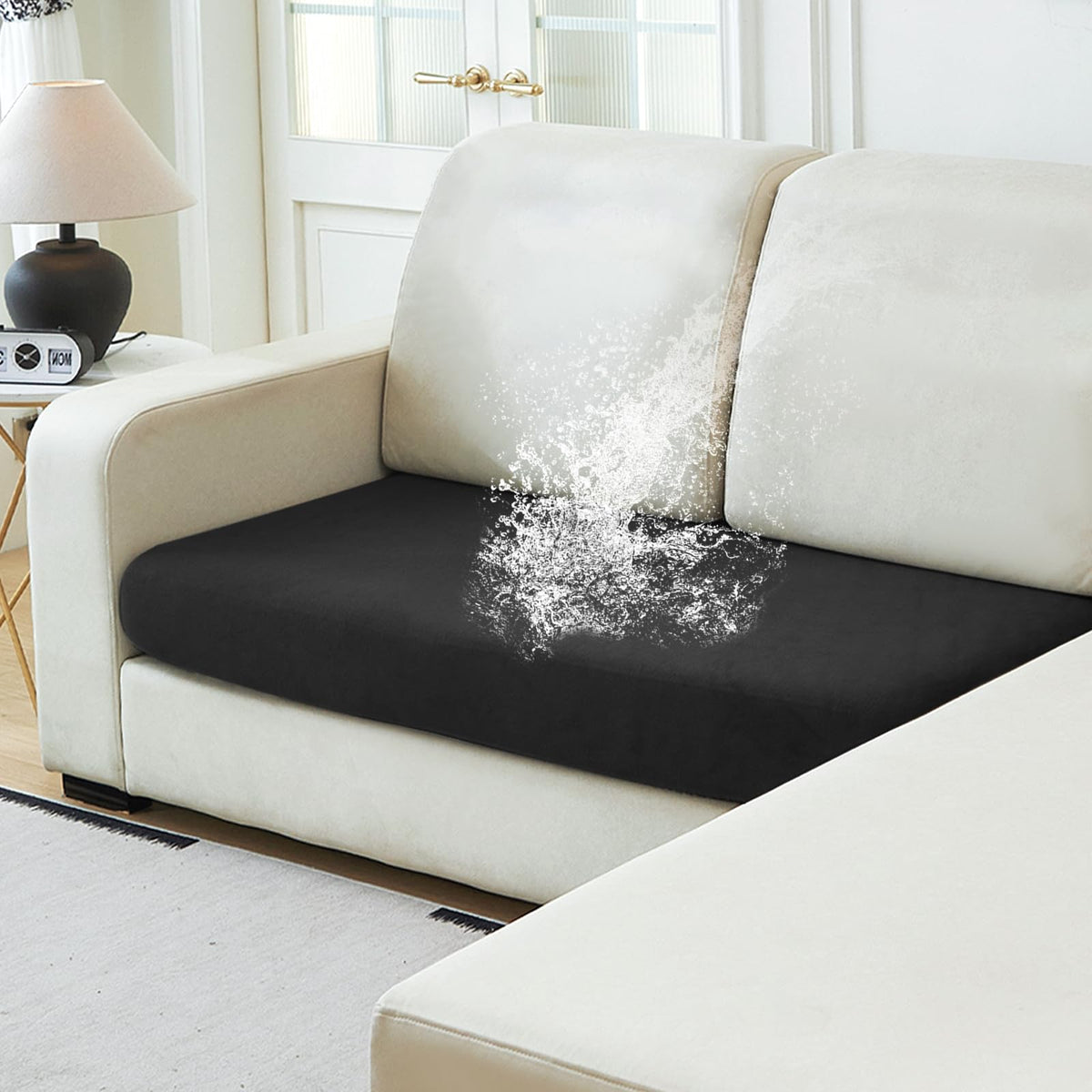 NAISI Waterproof Couch Cushion Covers Thick Velvet Fabric Washable Sofa Slipcovers Sectional Couch Covers for 4 Pieces Separate L Shape Couch Cover with Elastic Bottom(3 Seater + 1 Chaise,Grey)