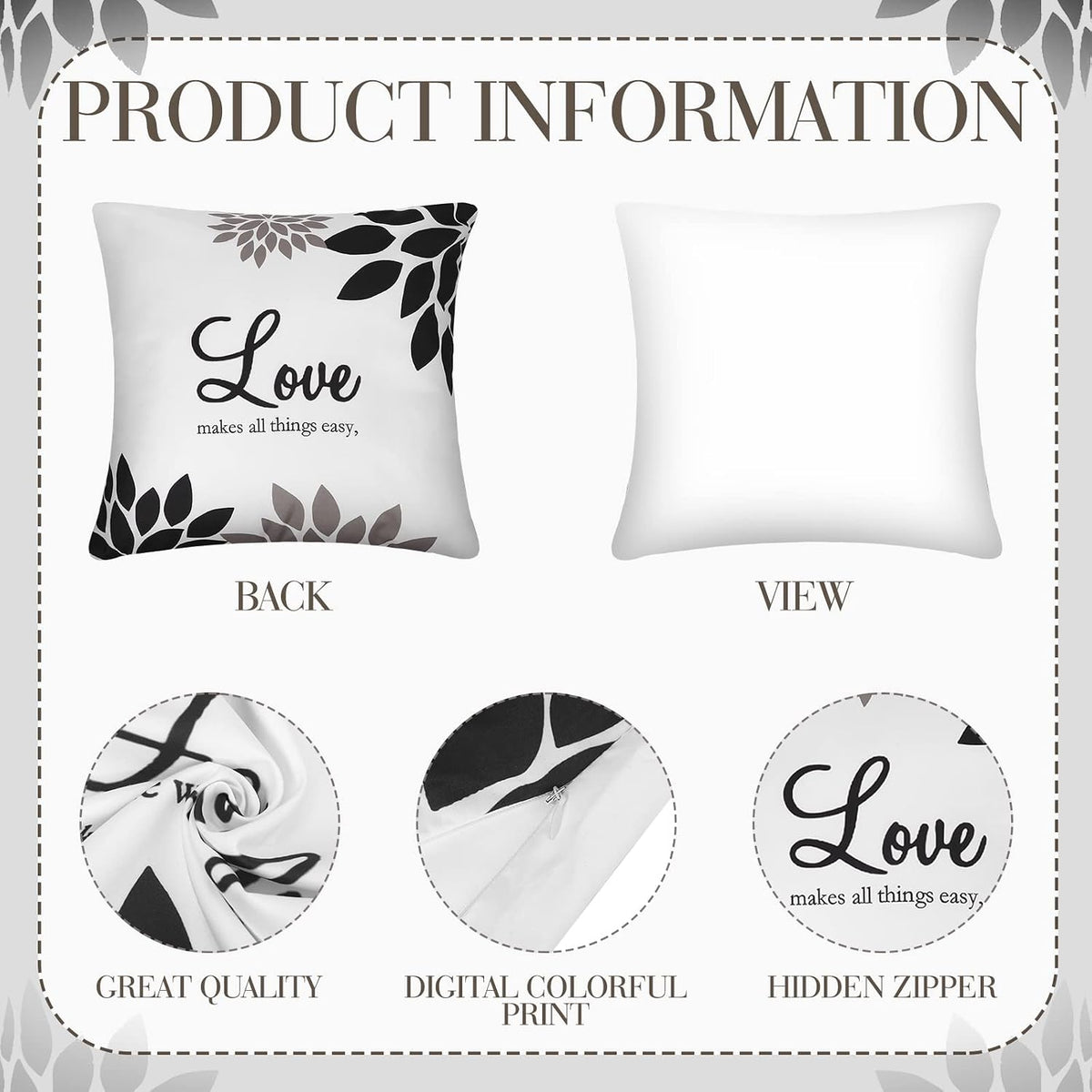 Tatuo 4 Pcs Flower Pillow Covers Square 18 x 18 Inch, Black Series