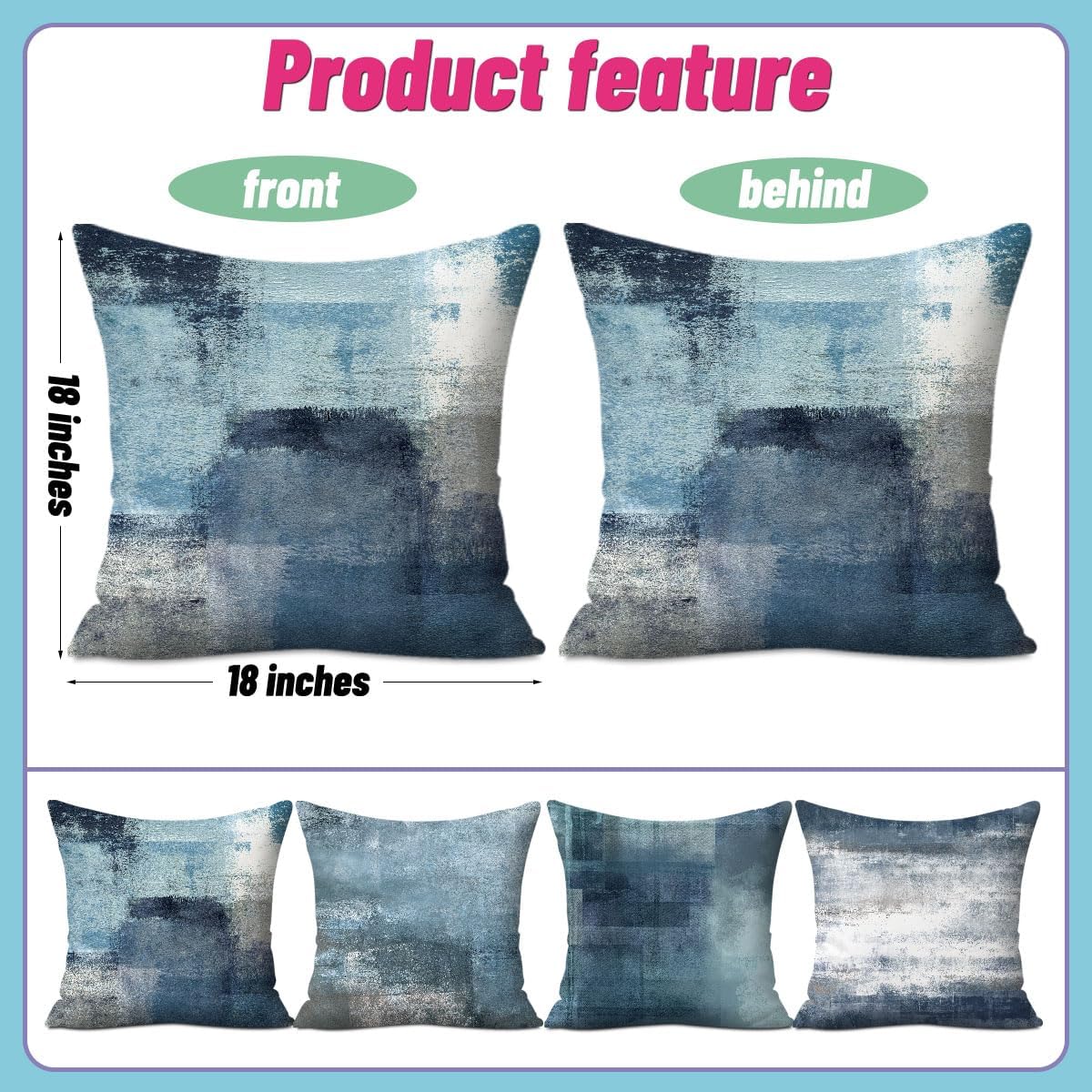 4Pcs Blue Grey Throw Pillow Covers, Dark Blue Throw Pillows Cushion Covers