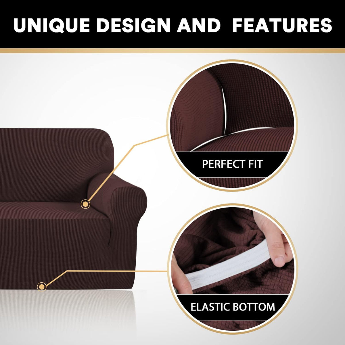 PrinceDeco Stretch Loveseat Sofa Cover Slipcover Couch Cover for 2 Cushion Sofa Washable Sofa Cover for Pets Friendly Furniture Protector Covers with Non Slip Bottom(Loveseat, Brown)