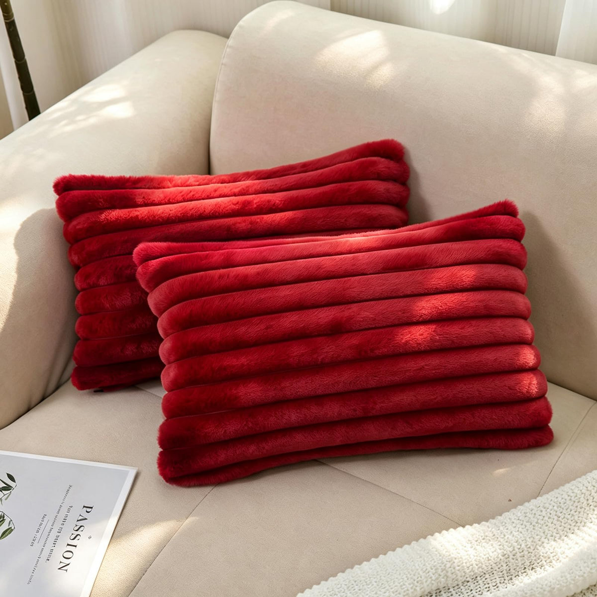 Pack of 2 Faux Fur Striped Decorative Throw Pillow Covers, Square Striped Cushion Covers, Modern Farmhouse Style Home Decor, Suitable for Living Room Sofas and Sofa Beds(Beige, 18" x 18")