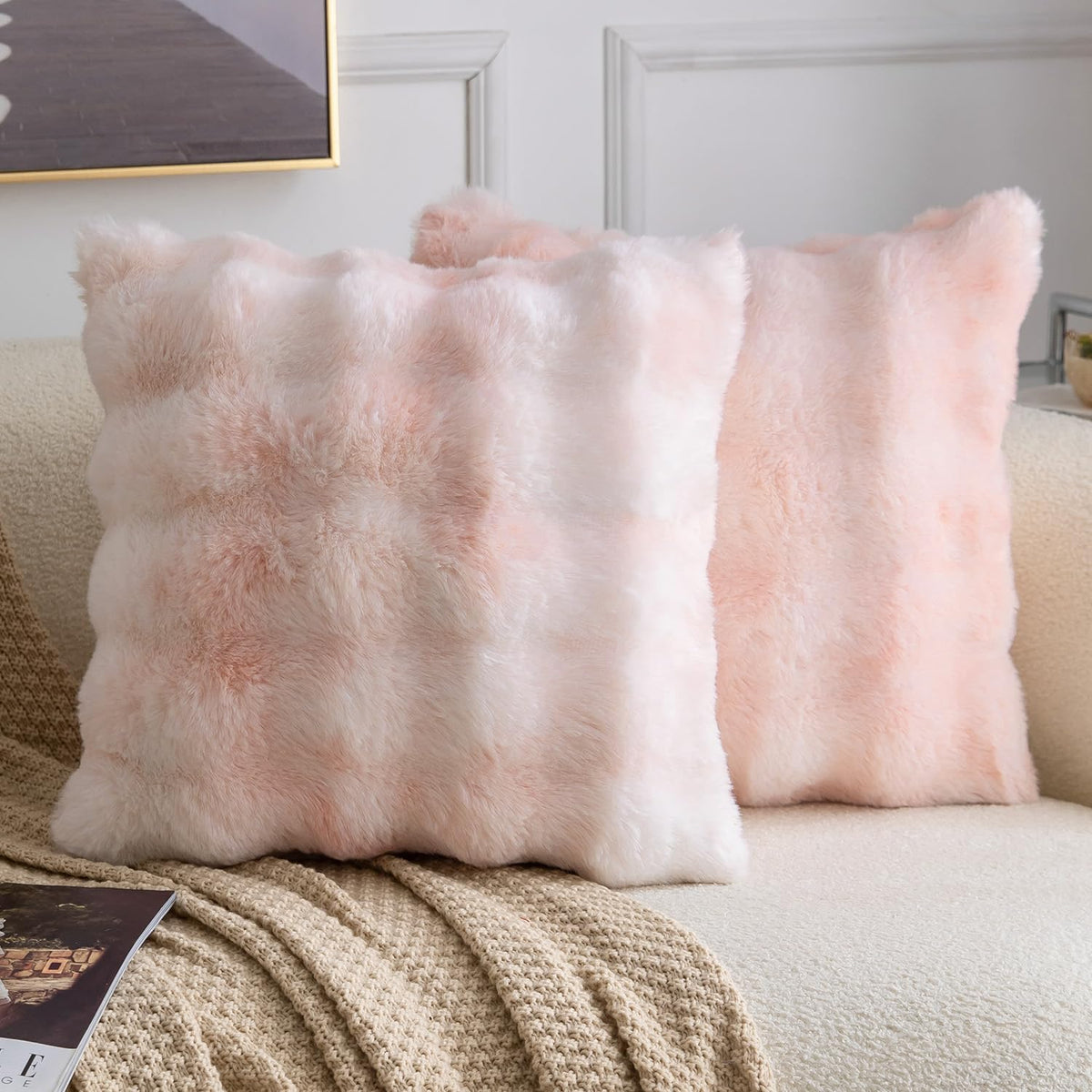 MADIZZ Pack of 2 Thick Plush Faux Wool Throw Pillow Covers Soft Boho Throw Pillows Luxurious Cushion Covers for Couch Sofa Bedroom Living Room Home Decor 18x18 Inch Cream