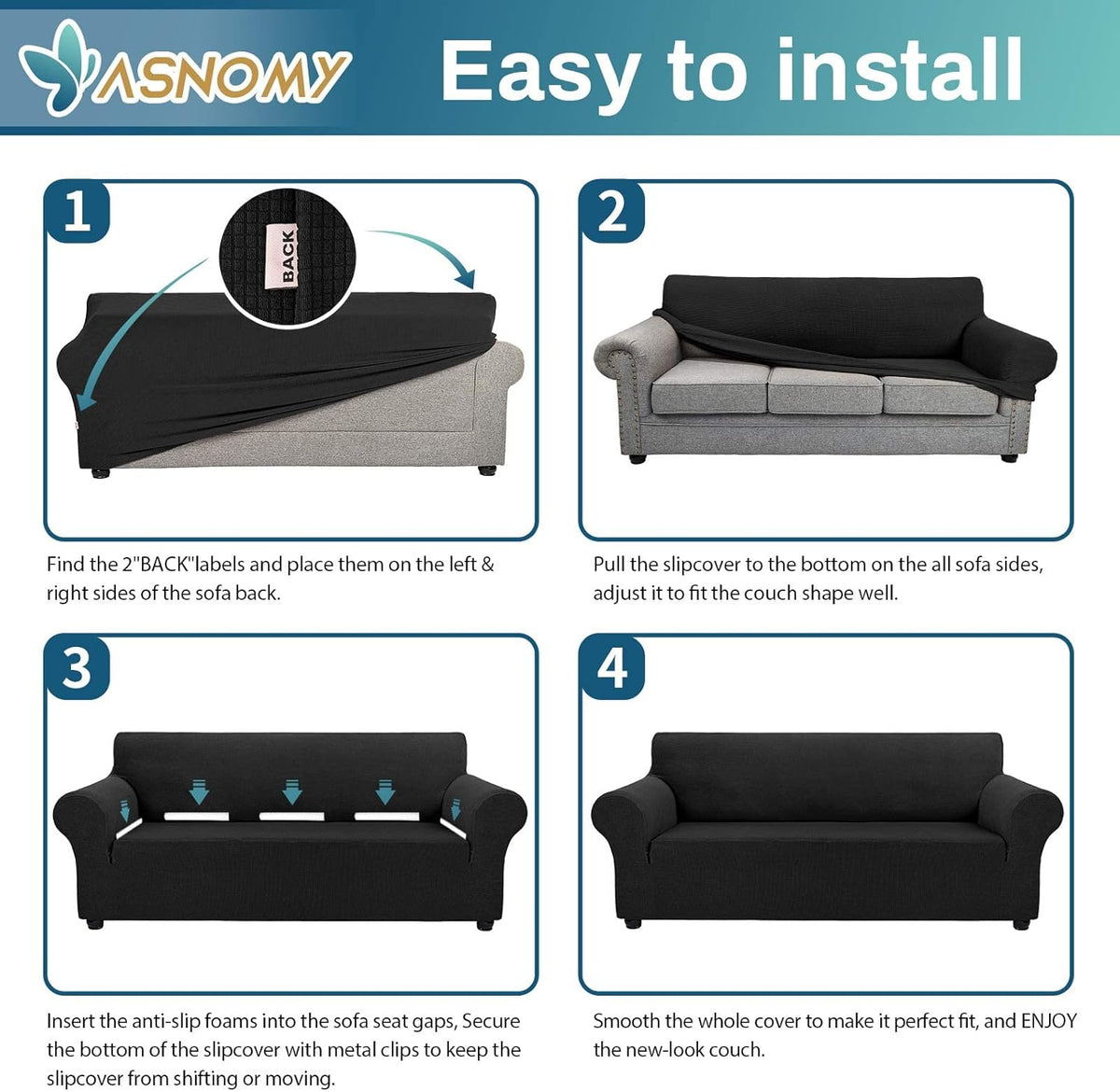 Asnomy Stretch Couch Covers for Sofa Washable, 3 Cushion Couch,Black