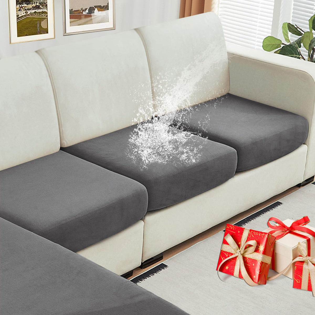 NAISI Waterproof Couch Cushion Covers Thick Velvet Fabric Washable Sofa Slipcovers Sectional Couch Covers for 4 Pieces Separate L Shape Couch Cover with Elastic Bottom(3 Seater + 1 Chaise,Grey)