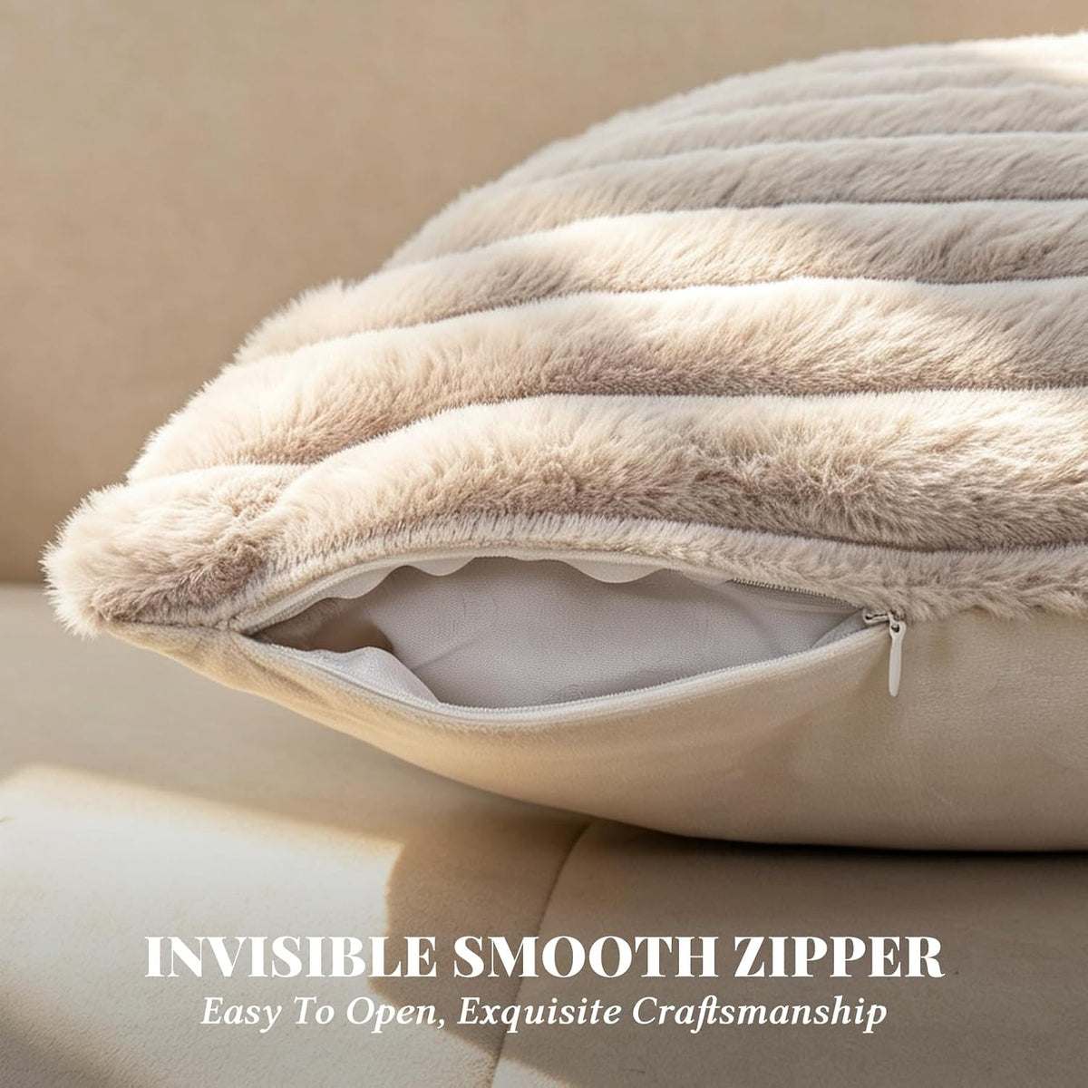 Pack of 2 Faux Fur Striped Decorative Throw Pillow Covers, Square Striped Cushion Covers, Modern Farmhouse Style Home Decor, Suitable for Living Room Sofas and Sofa Beds(Beige, 18" x 18")