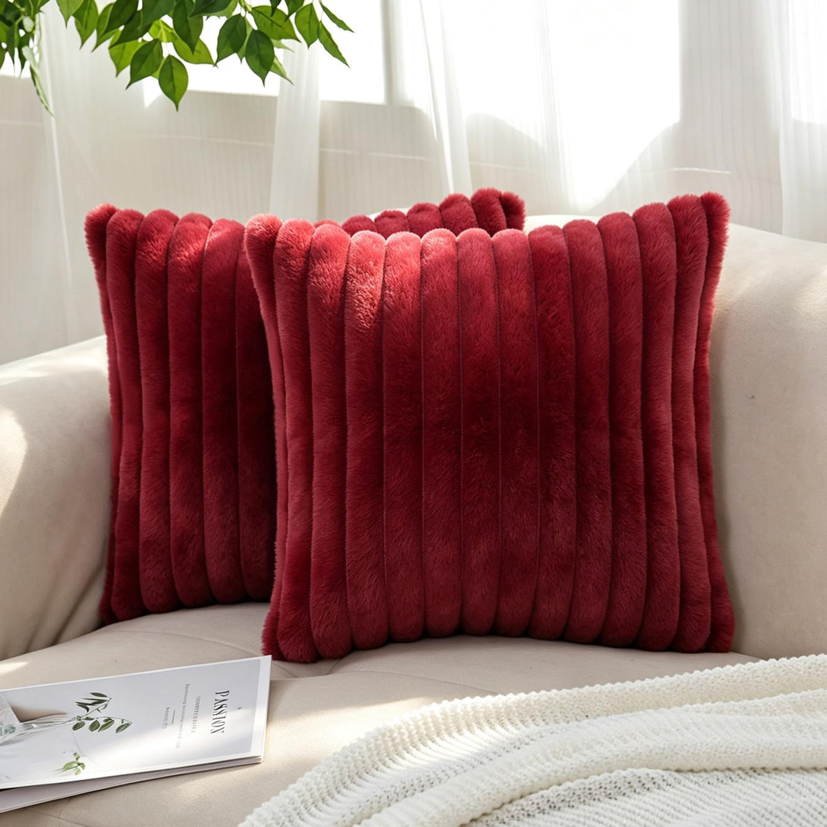 Pack of 2 Faux Fur Striped Decorative Throw Pillow Covers, Square Striped Cushion Covers, Modern Farmhouse Style Home Decor, Suitable for Living Room Sofas and Sofa Beds(Beige, 18" x 18")