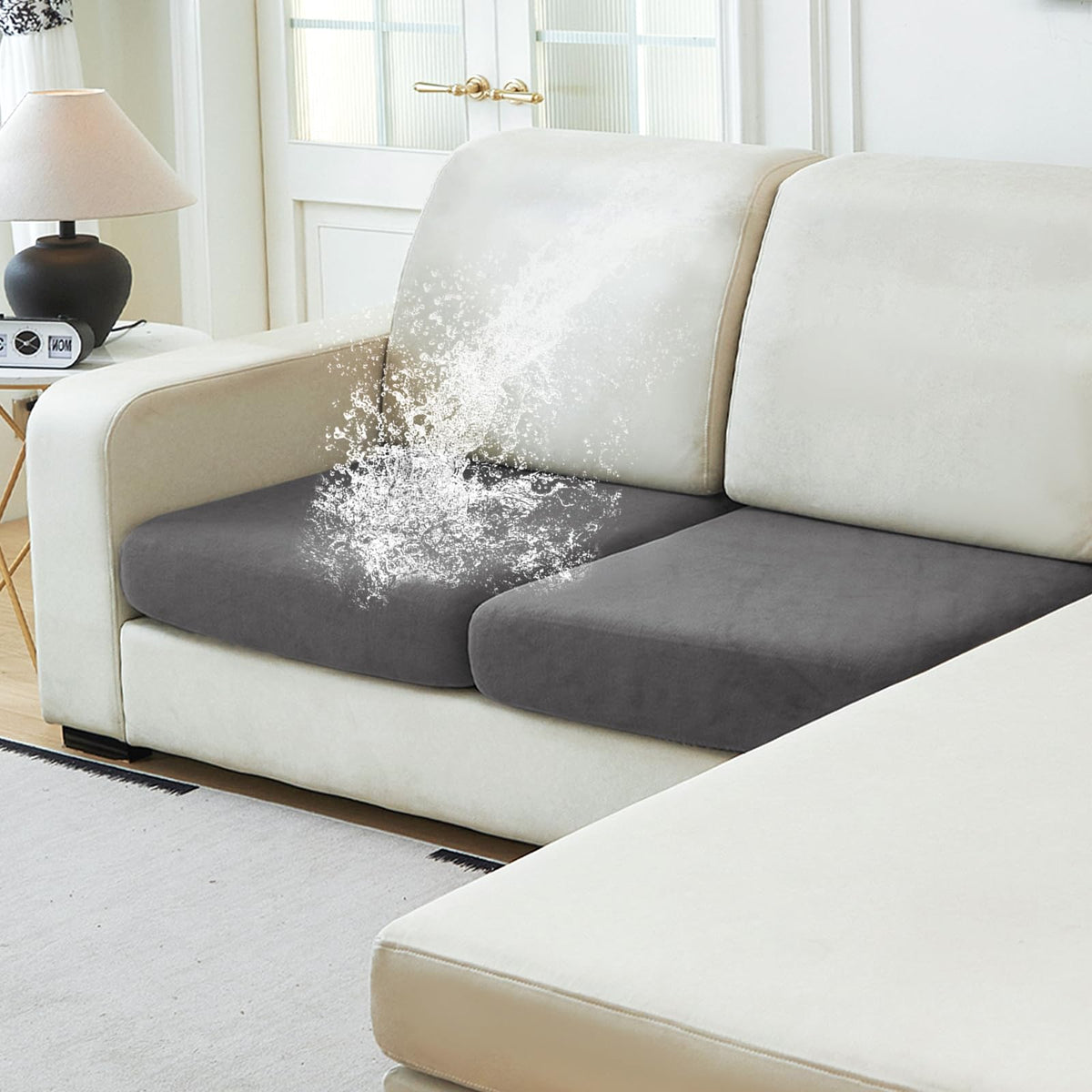 NAISI Waterproof Couch Cushion Covers Thick Velvet Fabric Washable Sofa Slipcovers Sectional Couch Covers for 4 Pieces Separate L Shape Couch Cover with Elastic Bottom(3 Seater + 1 Chaise,Grey)