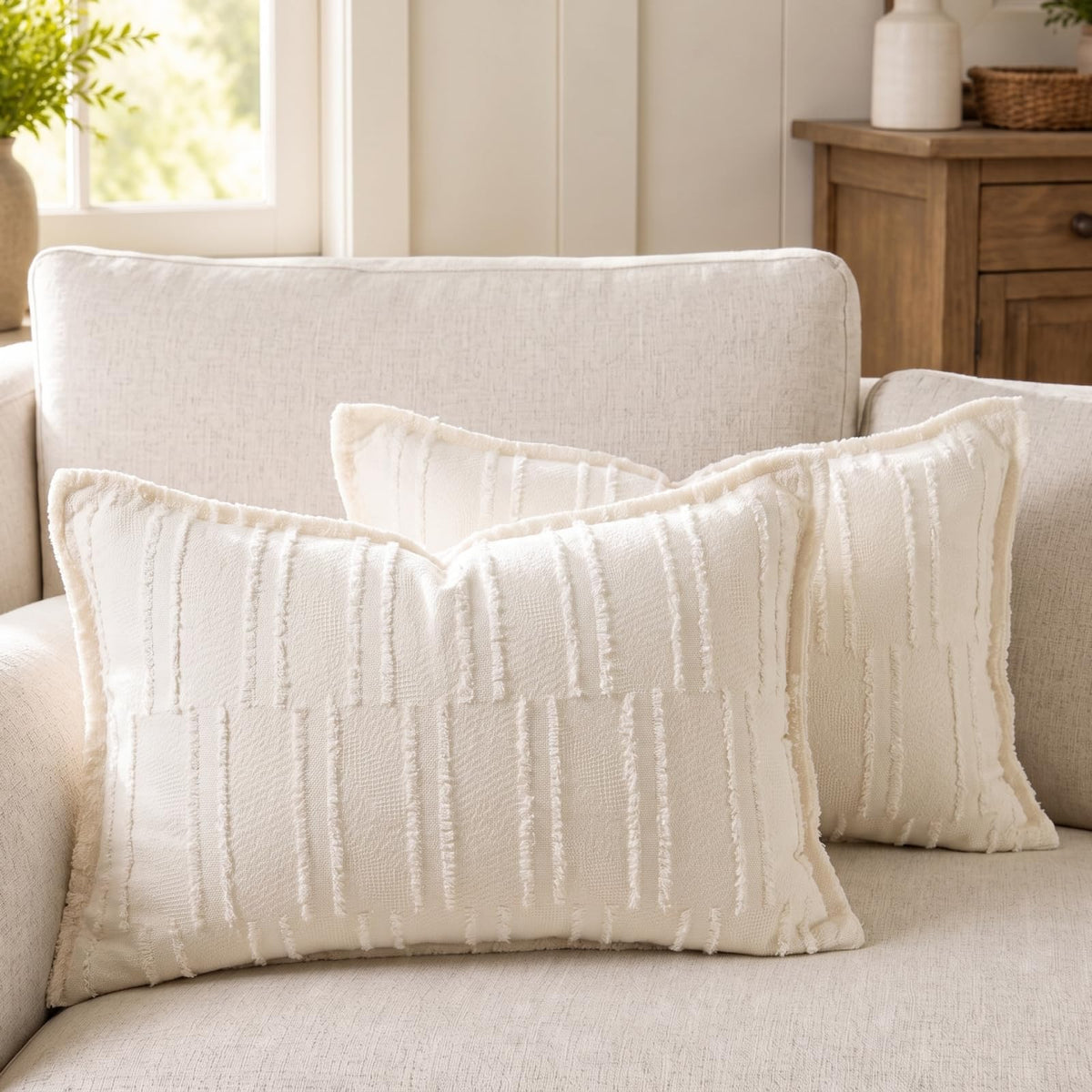 CROWNED BEAUTY Farmhouse Boho Textured Throw Pillow Covers, 20x20, Cream