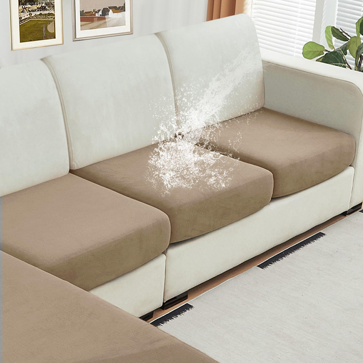NAISI Waterproof Couch Cushion Covers Thick Velvet Fabric Washable Sofa Slipcovers Sectional Couch Covers for 4 Pieces Separate L Shape Couch Cover with Elastic Bottom(3 Seater + 1 Chaise,Grey)