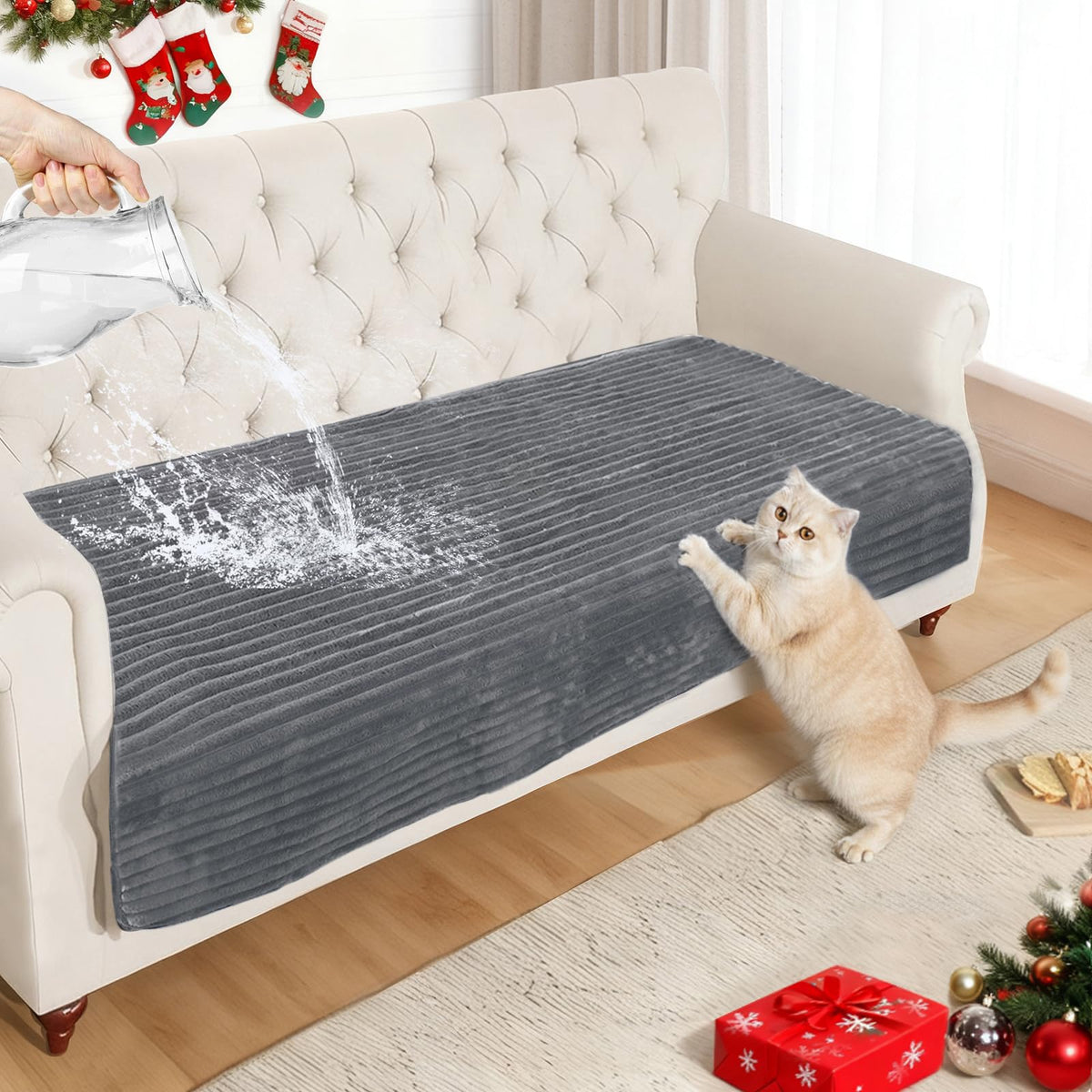 NAISI Couch Covers for Dogs Waterproof Flannel Striped Sofa Cover Pet Friendly Washable Dog Mat for Couch Anti Slip Sectional Sofa Slipcover Protector(2pcs/35"x63"+35"x70",Khaki)