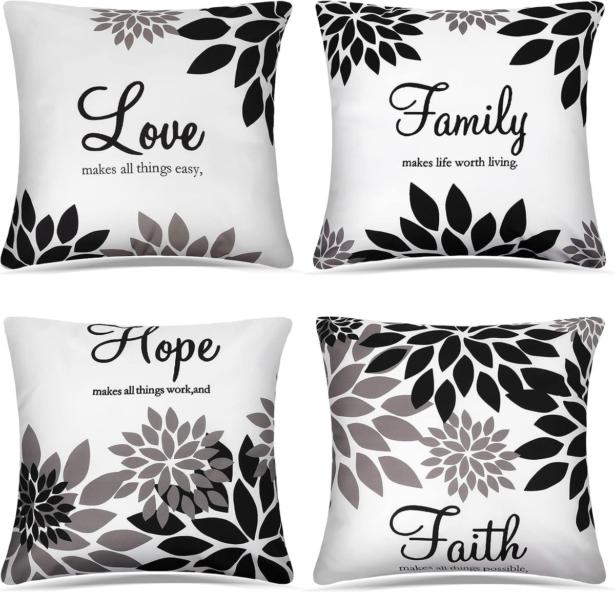 Tatuo 4 Pcs Flower Pillow Covers Square 18 x 18 Inch, Black Series