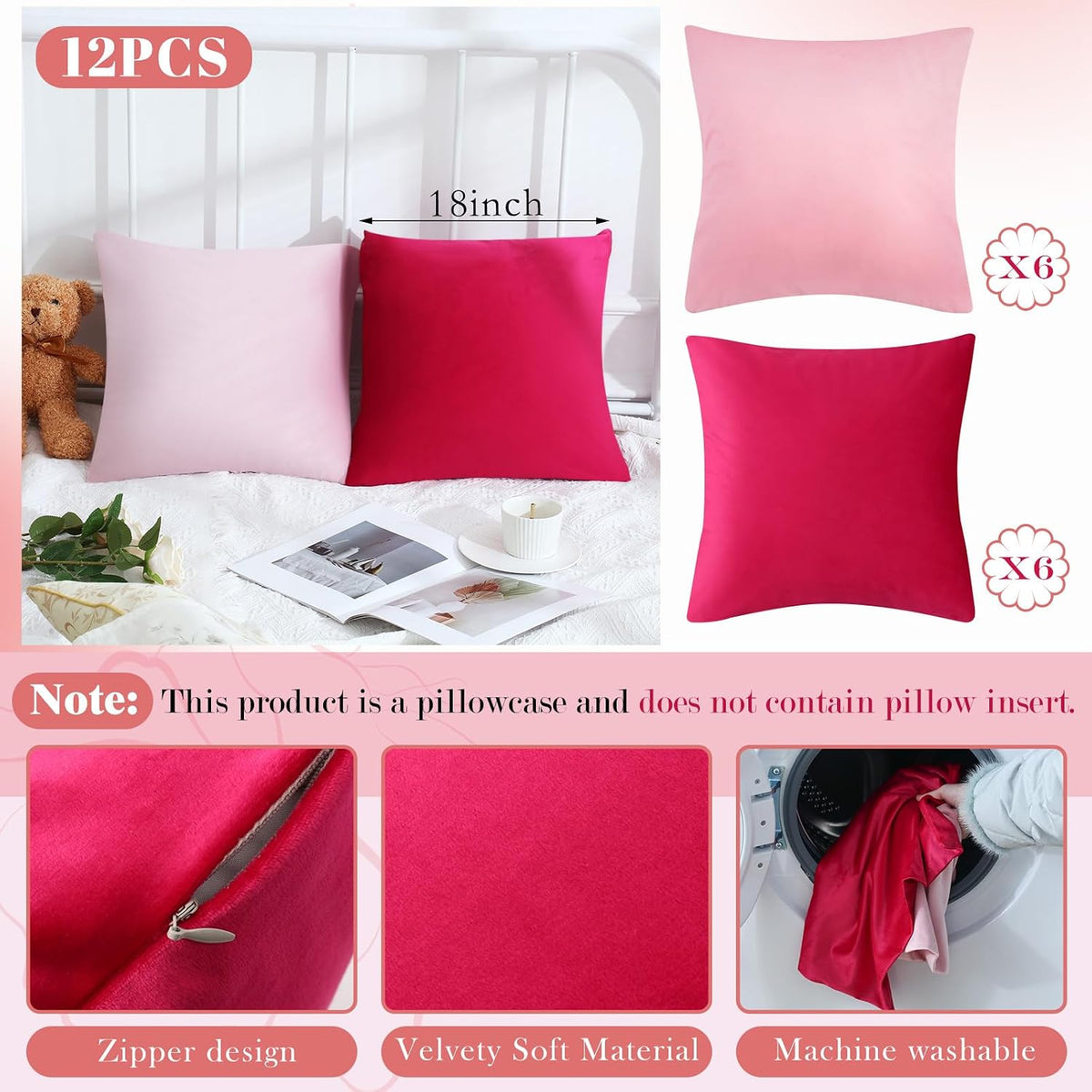 Berlune 12 Pcs Hot Pink Velvet Throw Pillow Cover 18x18 Picnic Cushion Case