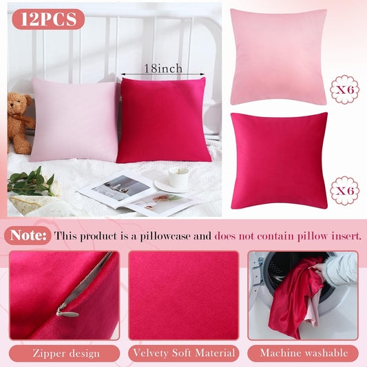 Berlune 12 Pcs Hot Pink Velvet Throw Pillow Cover 18x18 Picnic Cushion Case