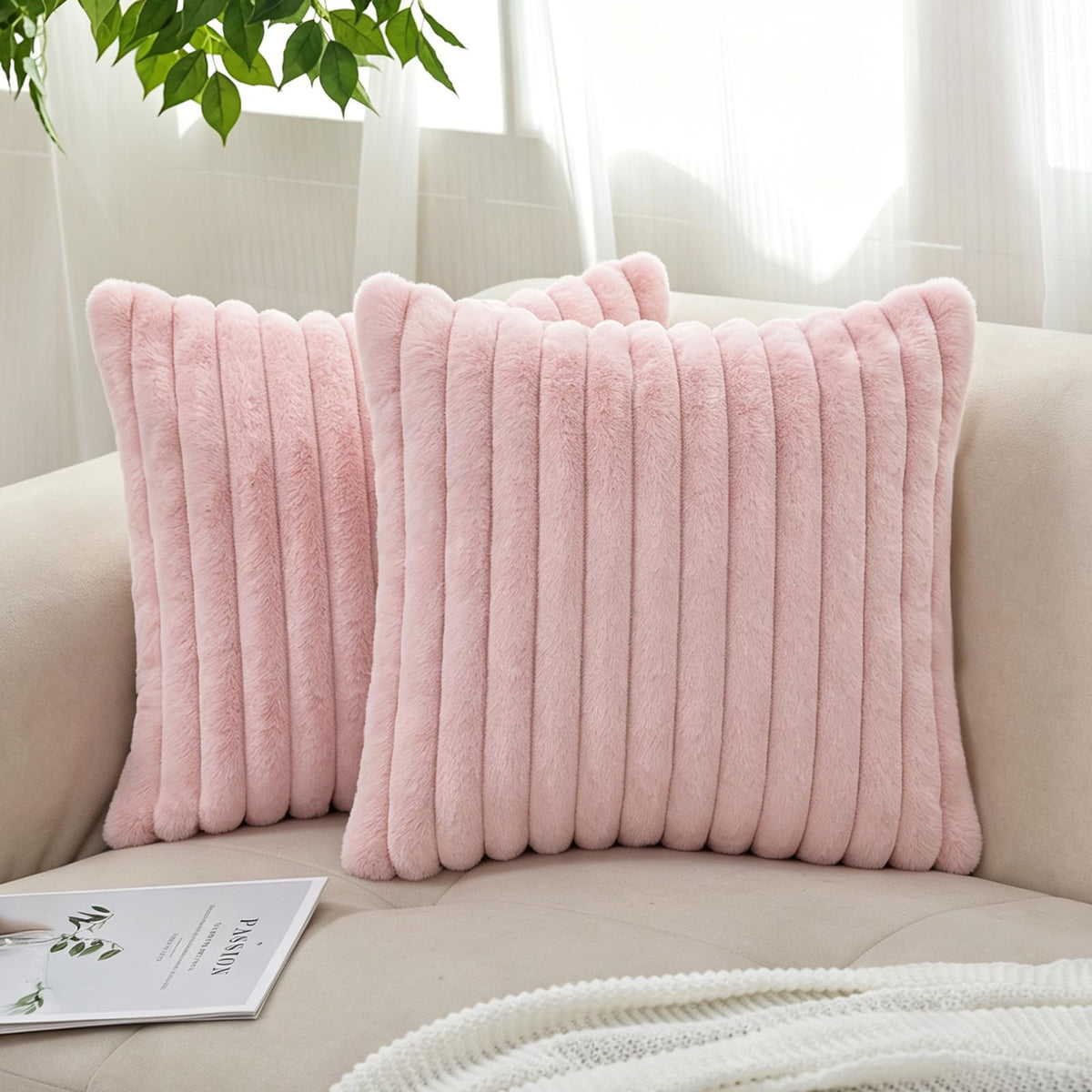 Pack of 2 Faux Fur Striped Decorative Throw Pillow Covers, Square Striped Cushion Covers, Modern Farmhouse Style Home Decor, Suitable for Living Room Sofas and Sofa Beds(Beige, 18" x 18")
