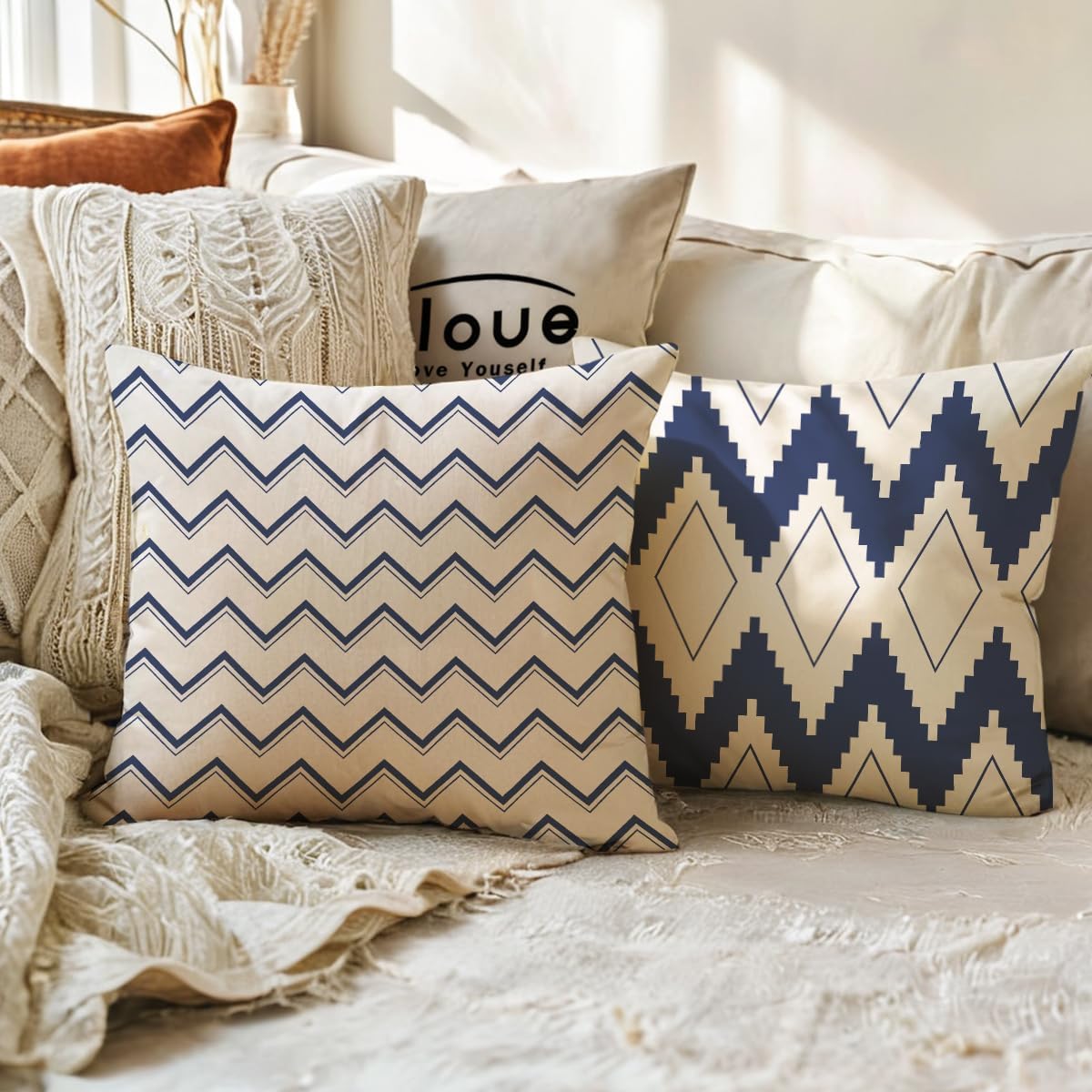 ULOVE LOVE YOURSELF Square Decorative Throw Pillows Cushion Covers Blue Beige Stripes Modern Geometry Print Home Pillowcases 18 X 18 Inch,4 Pack for Sofa Couch